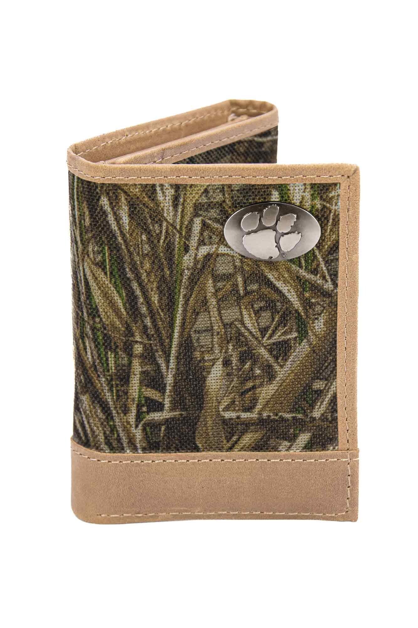 Clemson Tigers Realtree Wallets. Bifold Pass-case. Classic Trifold. Tall Secretary. Realtree Max-5 Pattern. Leather Nylon Combo.