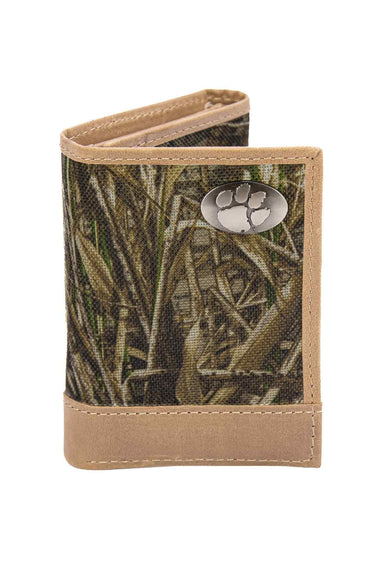 Clemson Tigers Realtree Wallets. Bifold Pass-case. Classic Trifold. Tall Secretary. Realtree Max-5 Pattern. Leather Nylon Combo.