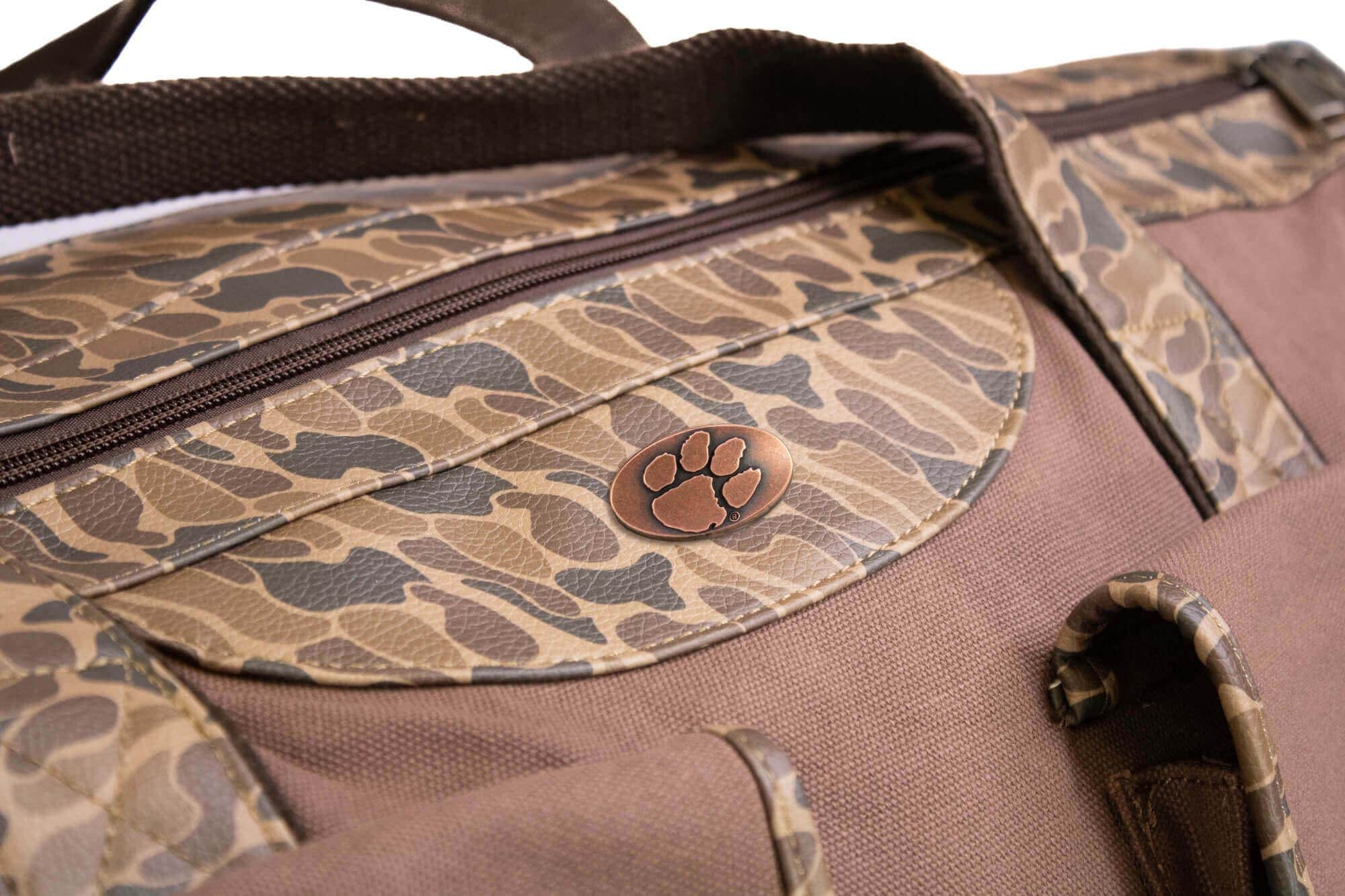 Clemson Tigers Camo Canvas Weekender Bag - Brown Waxed Canvas Duffel - Old School Camo Print Accent - Clemson Travel Bag - Overnight Case