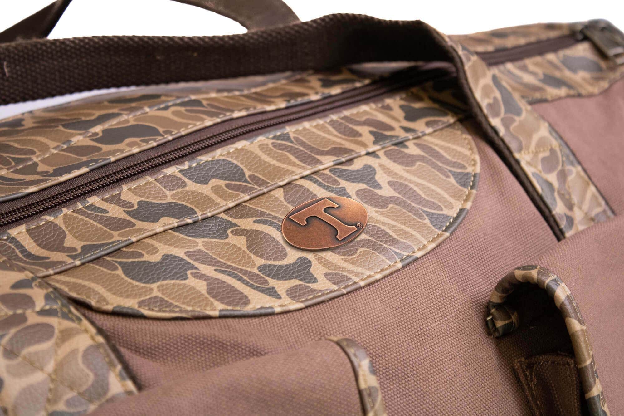 Tennessee Vols Camo Canvas Weekender Bag - Brown Waxed Canvas Duffel - Old School Camo Print Accent - Vols Travel Bag - Overnight Case