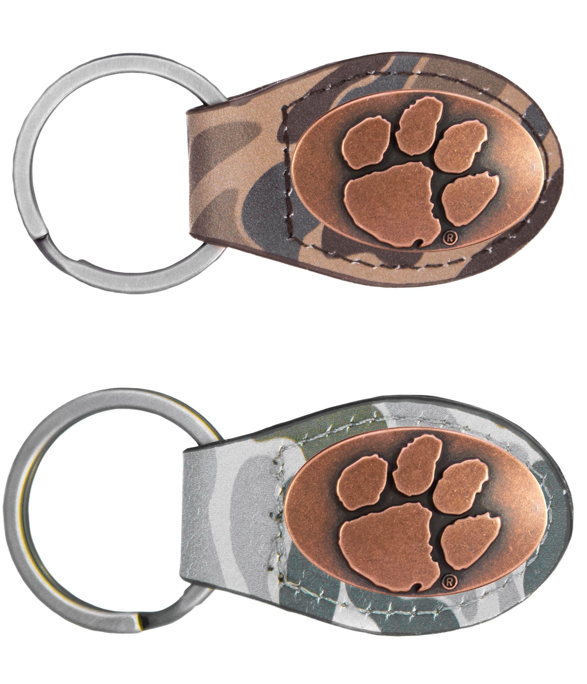 Clemson Tigers Oval Camo Leather Key Fob. Split Ring and Durable Stitching. Perfect Collegiate Key Chain Gift. Old School Camo Key Chain.