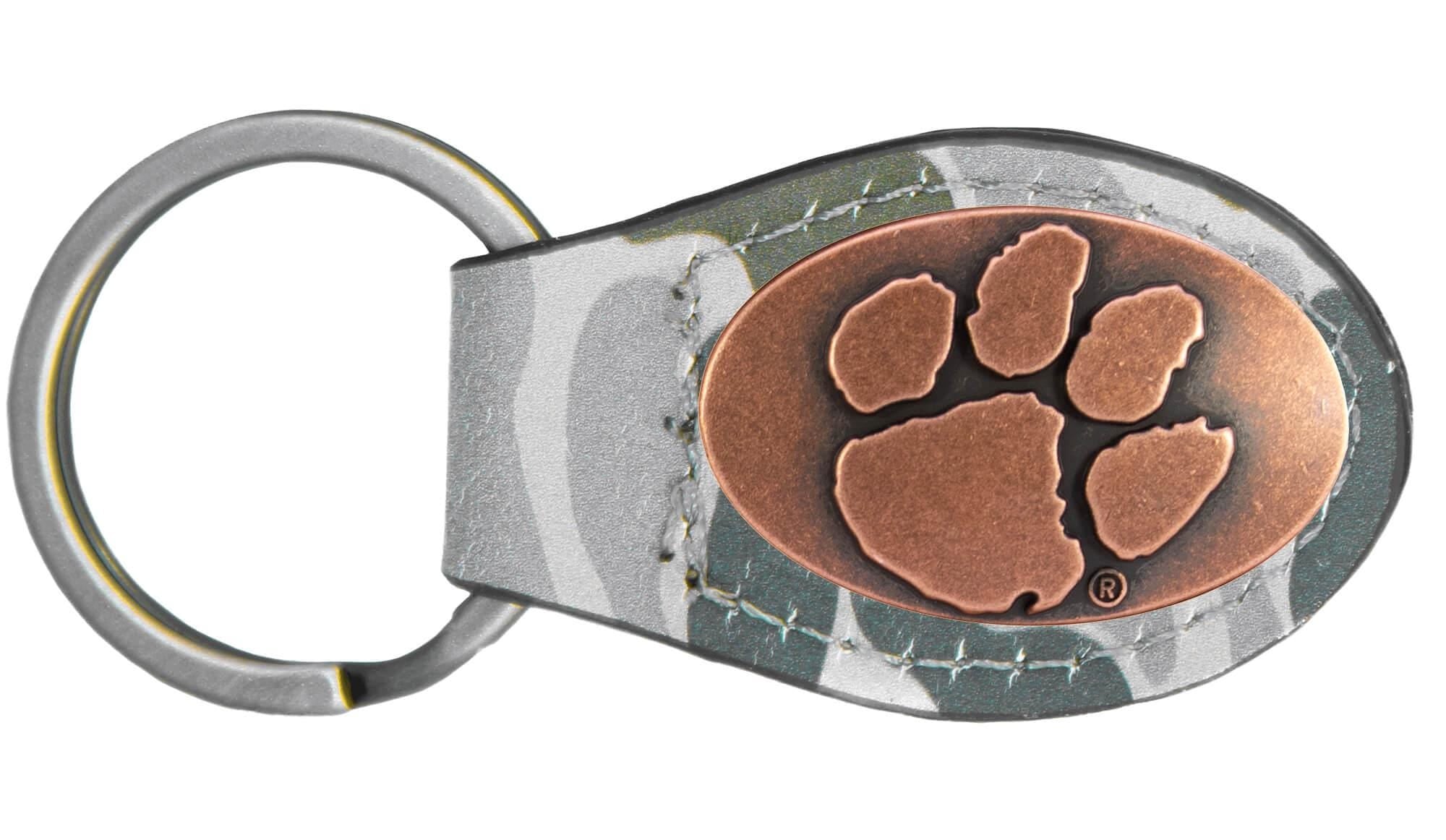 Clemson Tigers Oval Camo Leather Key Fob. Split Ring and Durable Stitching. Perfect Collegiate Key Chain Gift. Old School Camo Key Chain.