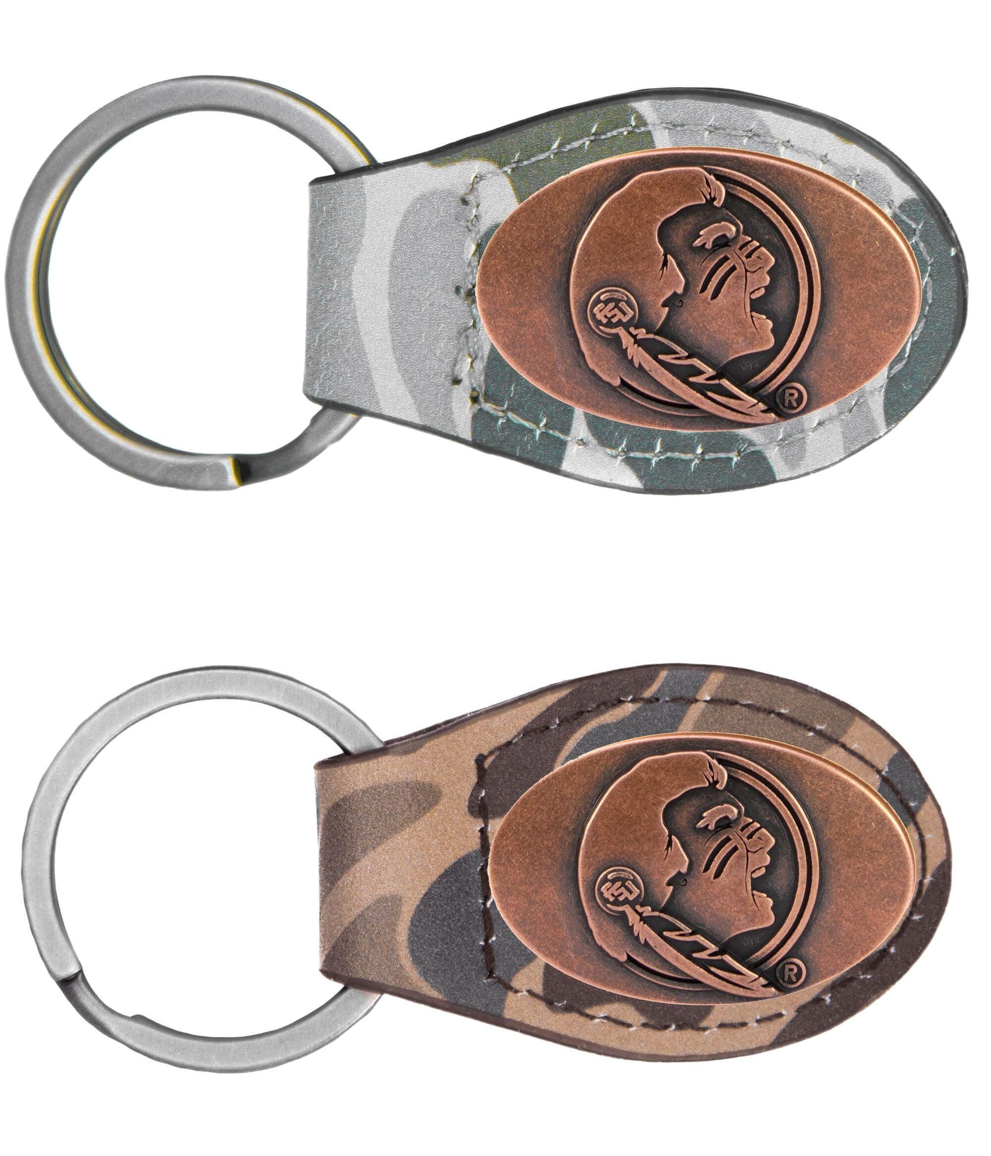 FSU Seminoles Oval Camo Leather Key Fob. Split Ring and Durable Stitching. Perfect Collegiate Key Chain Gift. Old School Camo Key Chain.