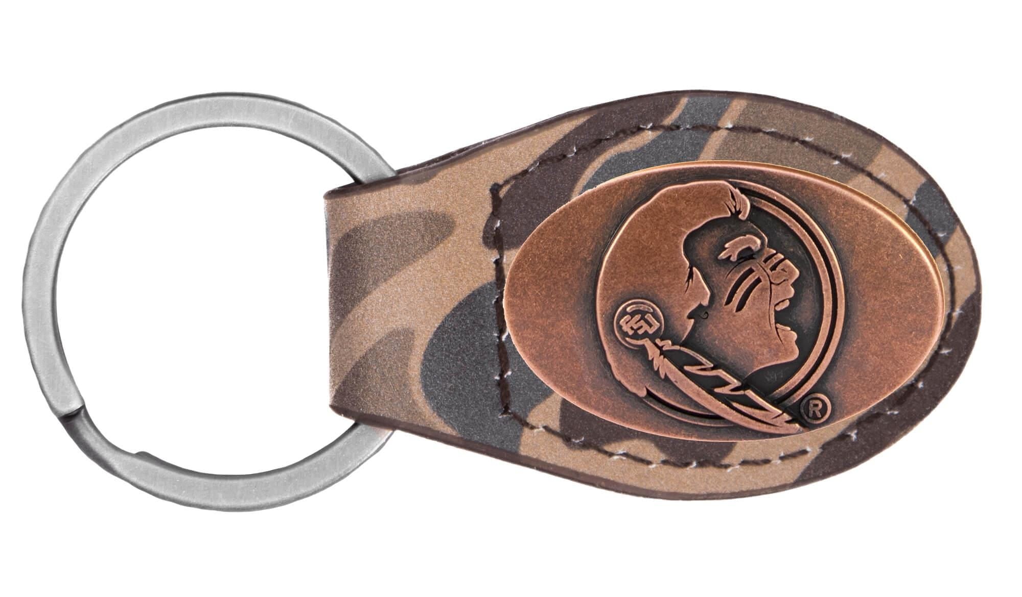 FSU Seminoles Oval Camo Leather Key Fob. Split Ring and Durable Stitching. Perfect Collegiate Key Chain Gift. Old School Camo Key Chain.