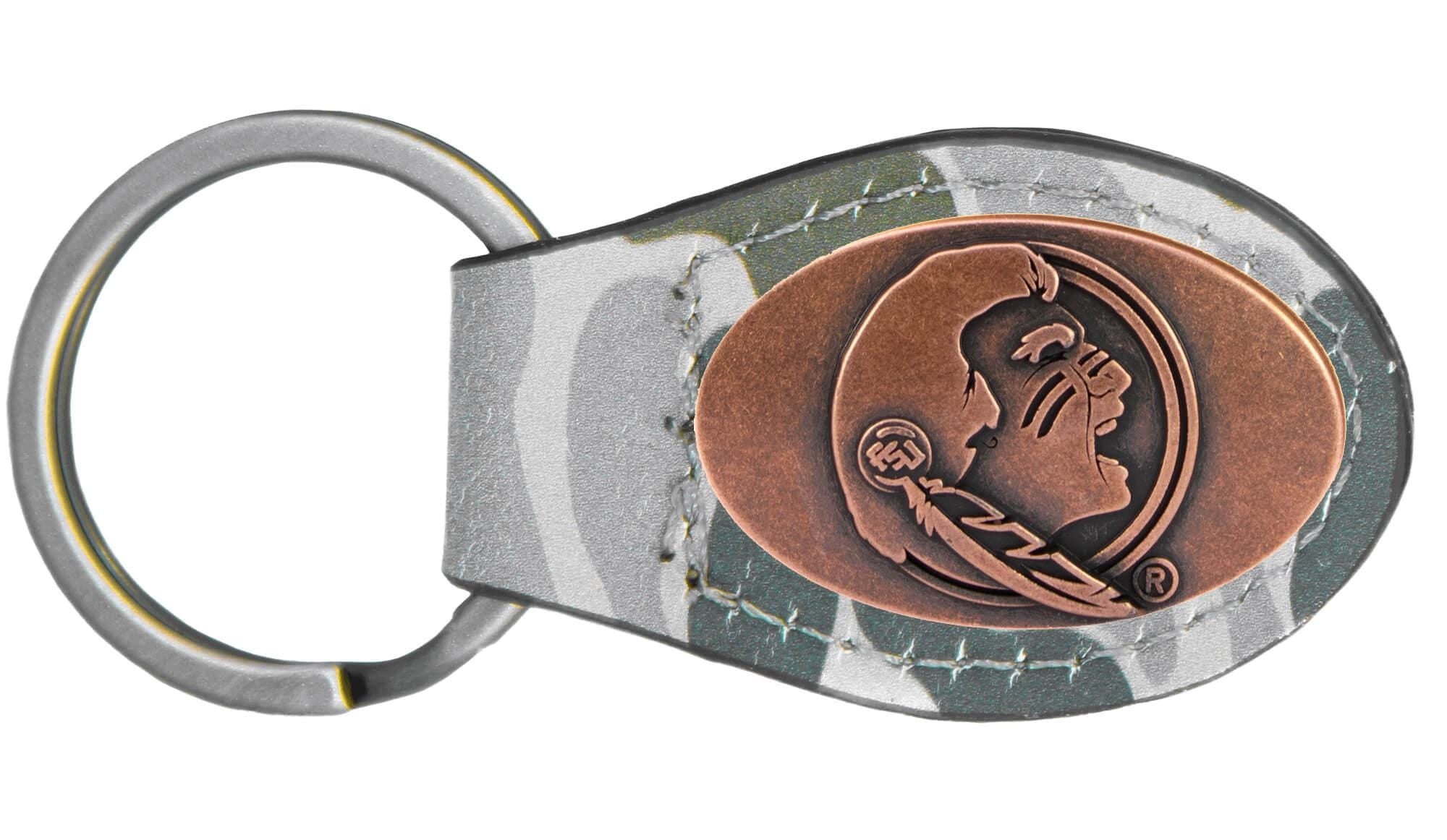 FSU Seminoles Oval Camo Leather Key Fob. Split Ring and Durable Stitching. Perfect Collegiate Key Chain Gift. Old School Camo Key Chain.