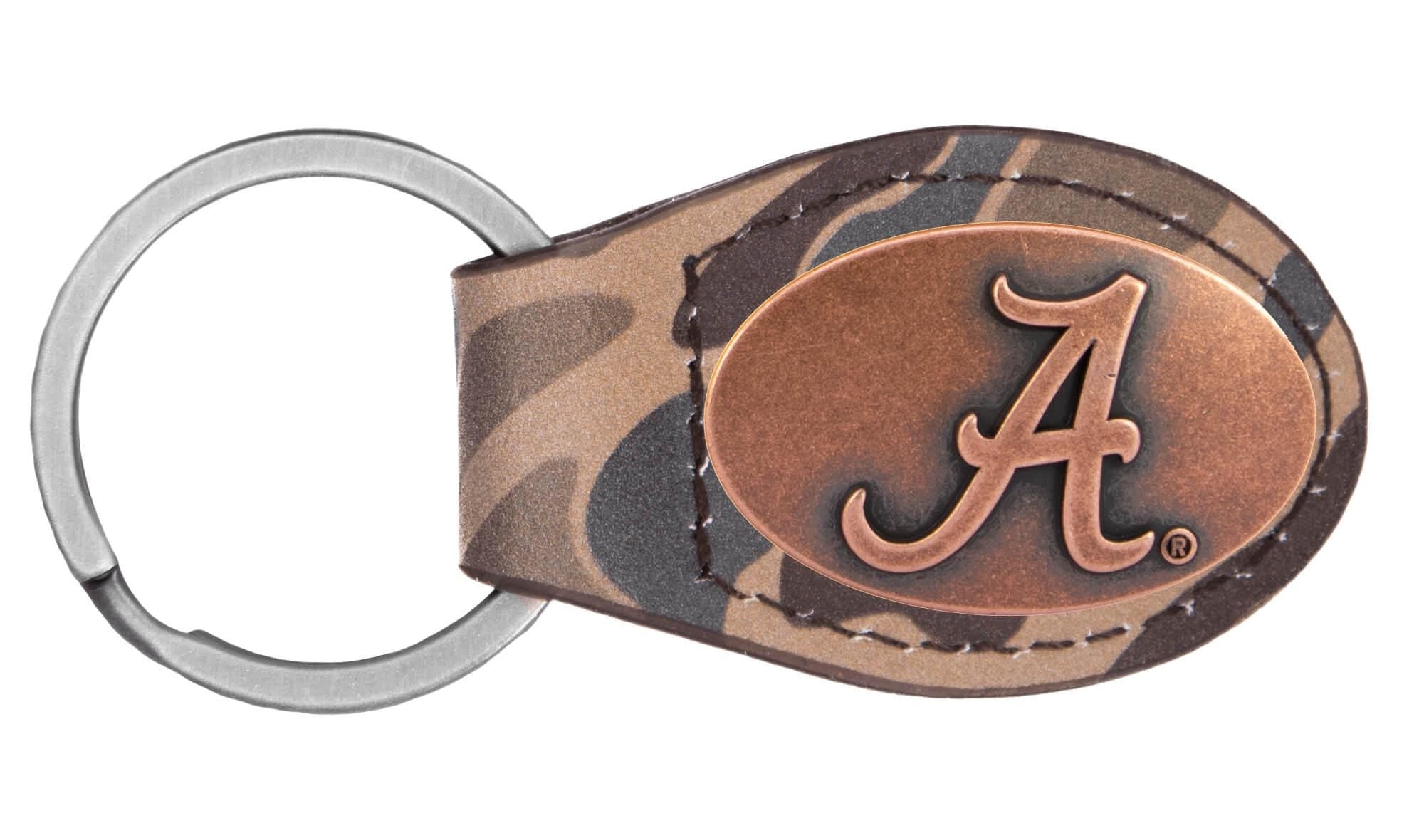 Alabama Crimson Tide Oval Camo Leather Key Fob. Split Ring and Durable Stitching. Collegiate Key Chain Gift. Old School Camo Key Chain.