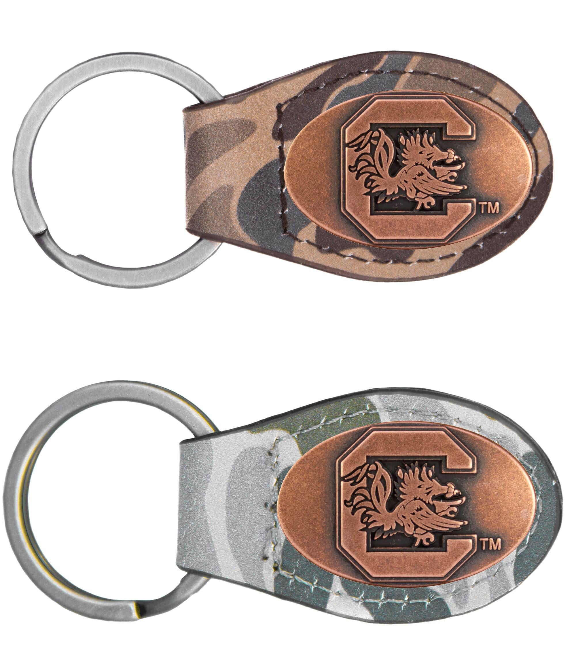 USC Gamecocks Oval Camo Leather Key Fob. Split Ring and Durable Stitching. Perfect Collegiate Key Chain Gift. Old School Camo Key Chain.