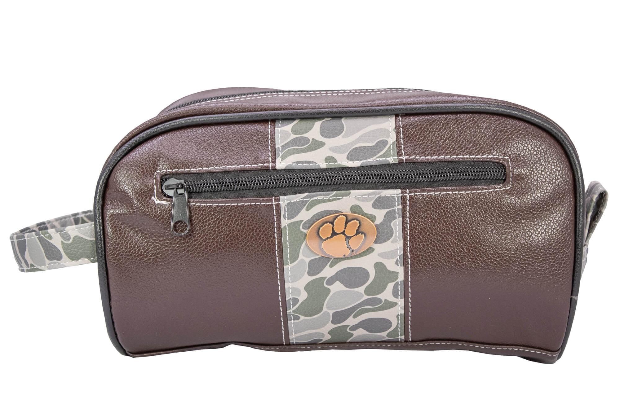 Clemson Tigers Men's Camo Dopp Kit. Toiletry Bag. Old School Camo Print. Brown Pebble Finish. Antique Copper Logo. Perfect Travel Accessory