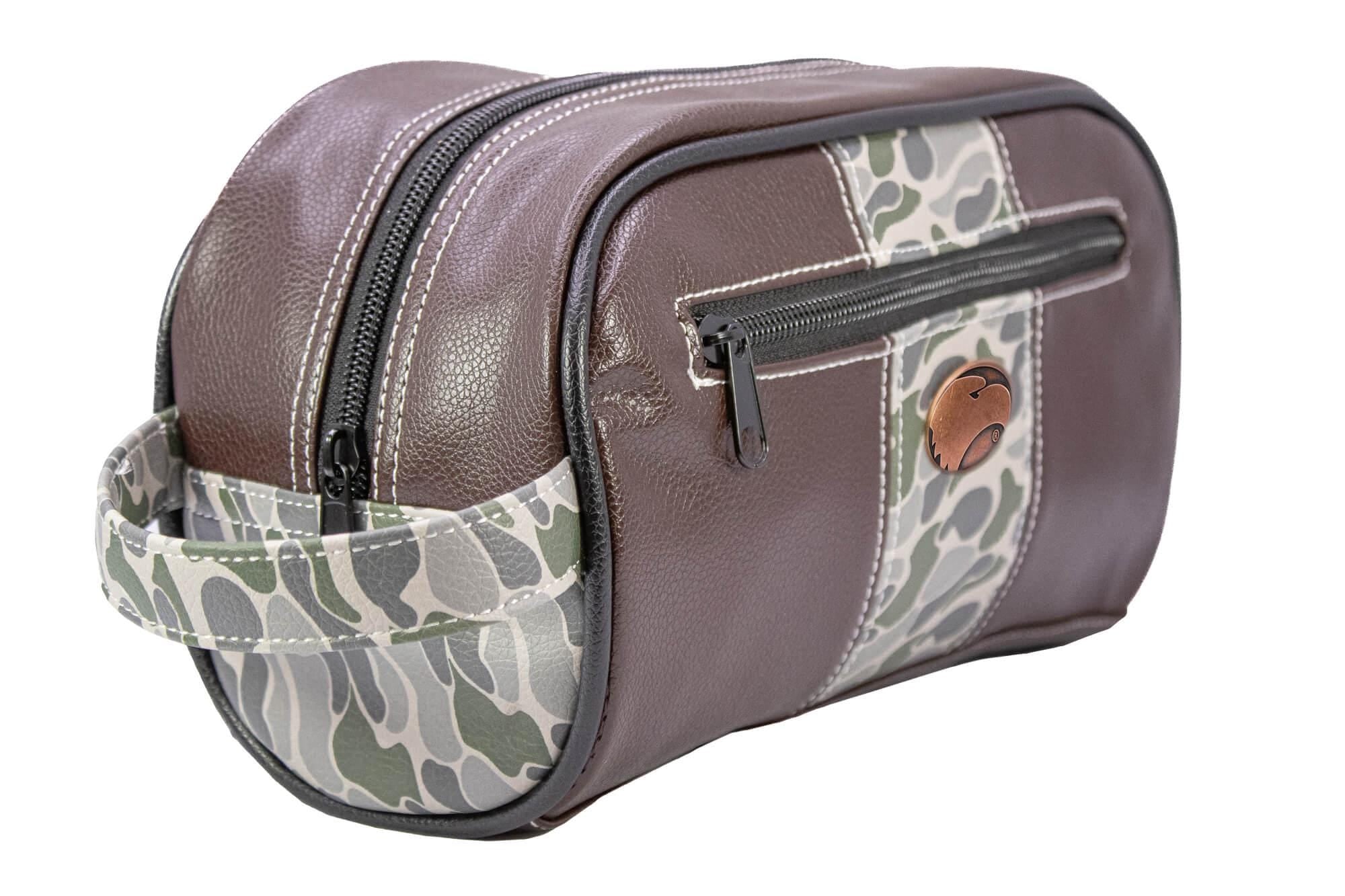 Georgia Southern Eagles Men's Camo Dopp Kit. Toiletry Bag. Old School Camo Print. Brown Pebble Finish. Antique Copper Logo. Travel Accessory