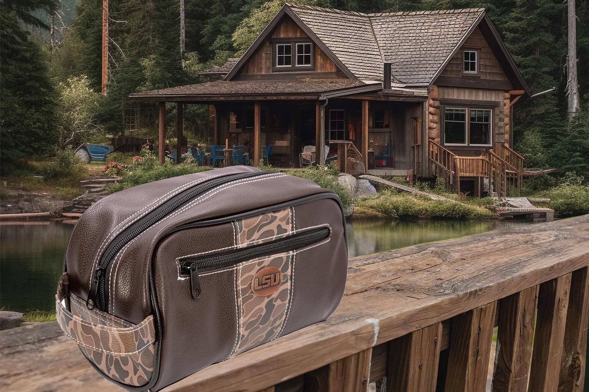 LSU Tigers Men's Camo Dopp Kit. Toiletry Bag. Old School Camo Print. Brown Pebble Finish. Antique Copper Logo. Perfect Travel Accessory