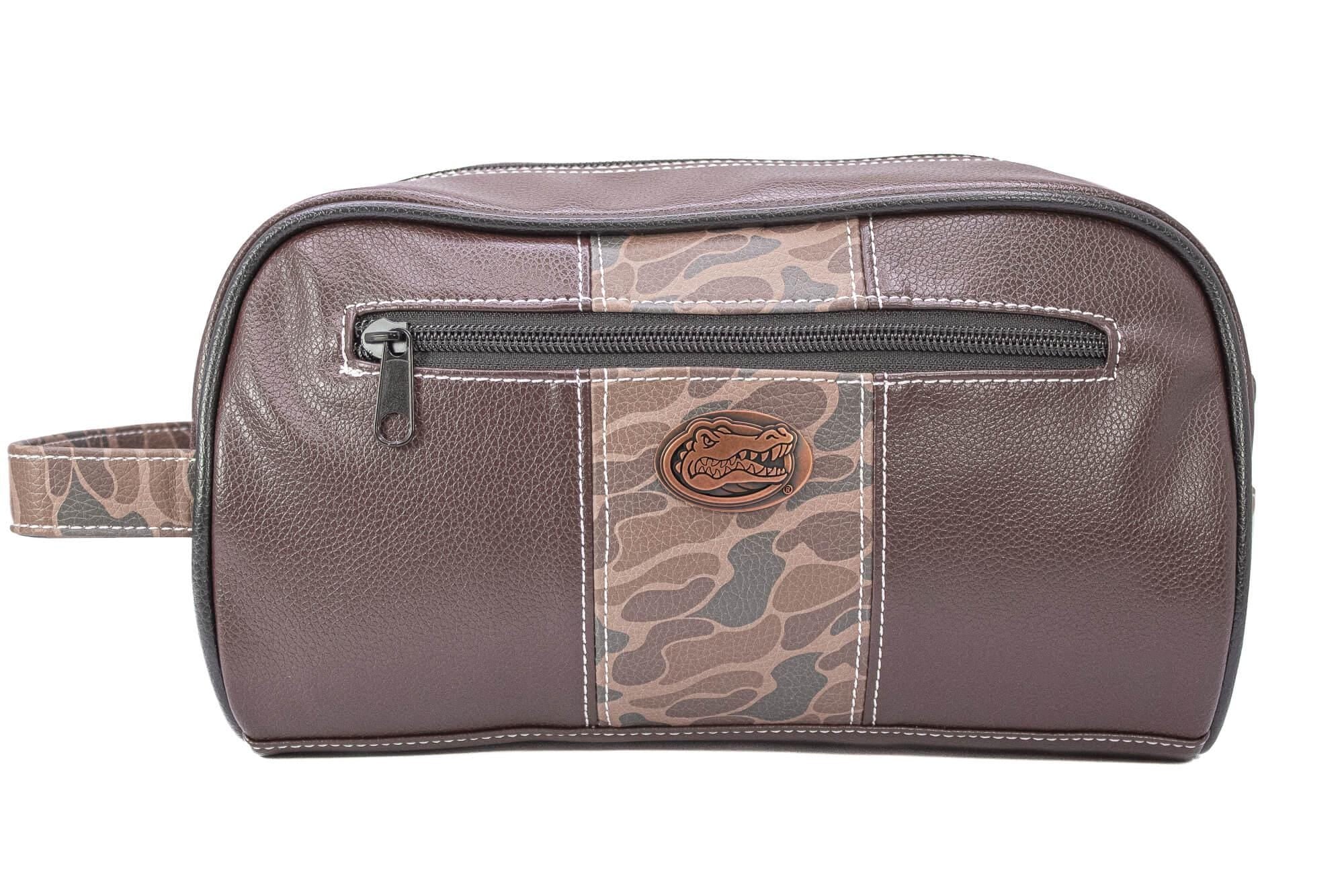 Florida Gators Men's Camo Dopp Kit. Toiletry Bag. Old School Camo Print. Brown Pebble Finish. Antique Copper Logo. Perfect Travel Accessory