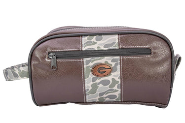 Georgia Bulldogs Men's Camo Dopp Kit. Toiletry Bag. Old School Camo Print. Brown Pebble Finish. Antique Copper Logo. Travel Accessory