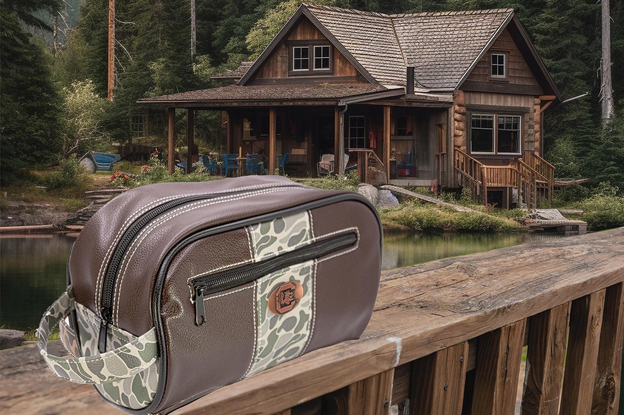 USC Gamecocks Men's Camo Dopp Kit. Toiletry Bag. Old School Camo Print. Brown Pebble Finish. Antique Copper Logo. Perfect Travel Accessory