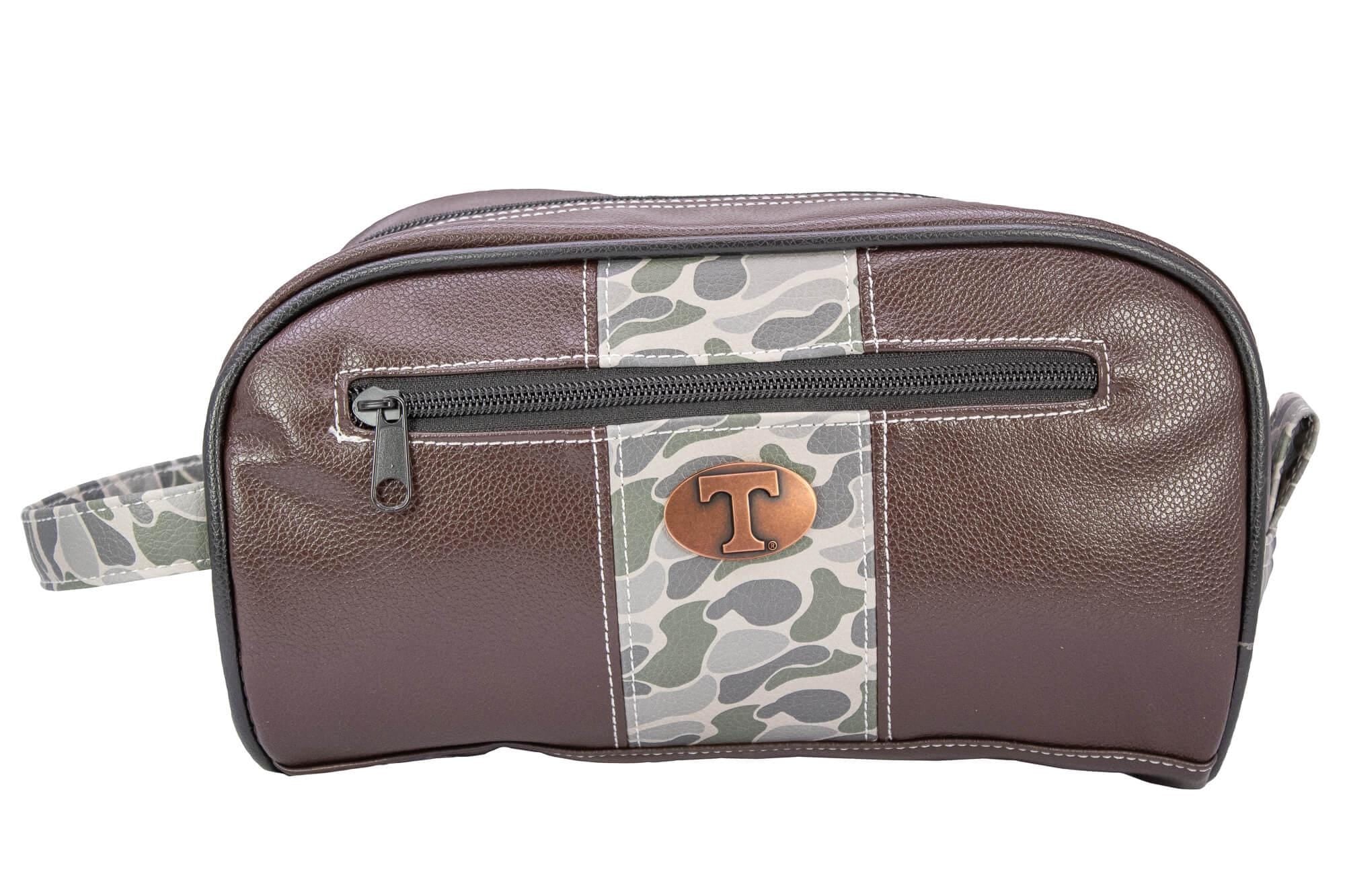 Tennessee Vols Men's Camo Dopp Kit. Toiletry Bag. Old School Camo Print. Brown Pebble Finish. Antique Copper Logo. Perfect Travel Accessory