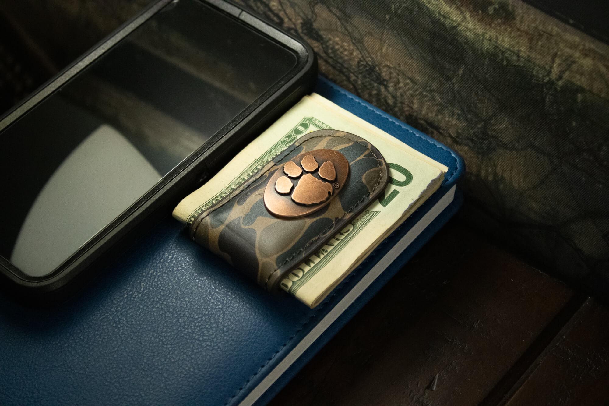 Clemson Tigers Camo Leather Money Clip. Full Grain Leather With Antique Copper Logo. Old School Camo Print. Perfect Grad Gift.