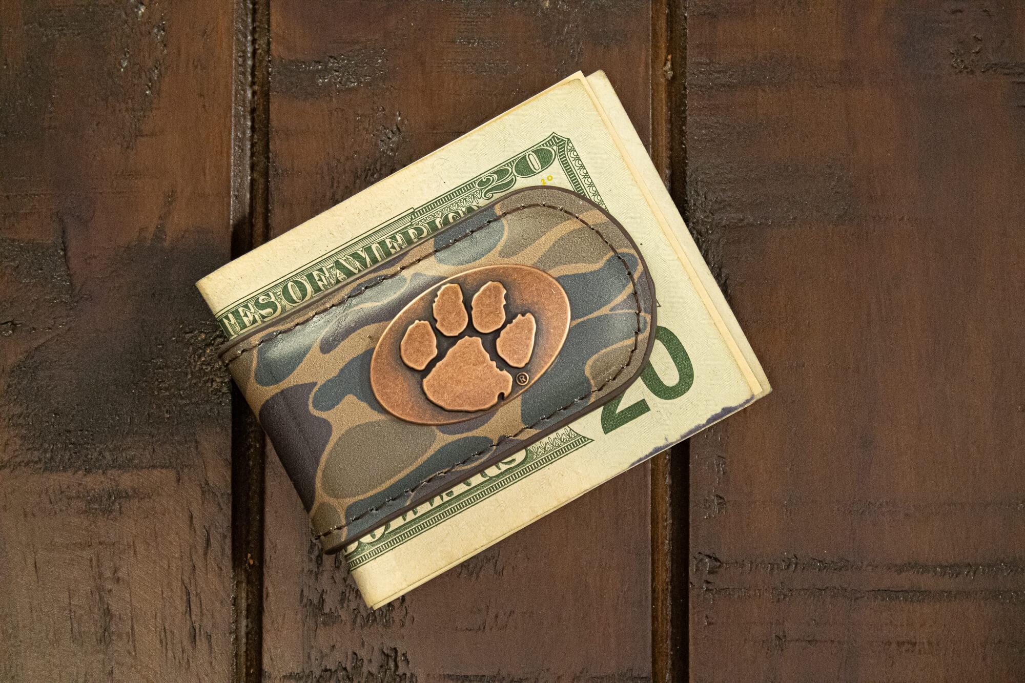 Clemson Tigers Camo Leather Money Clip. Full Grain Leather With Antique Copper Logo. Old School Camo Print. Perfect Grad Gift.