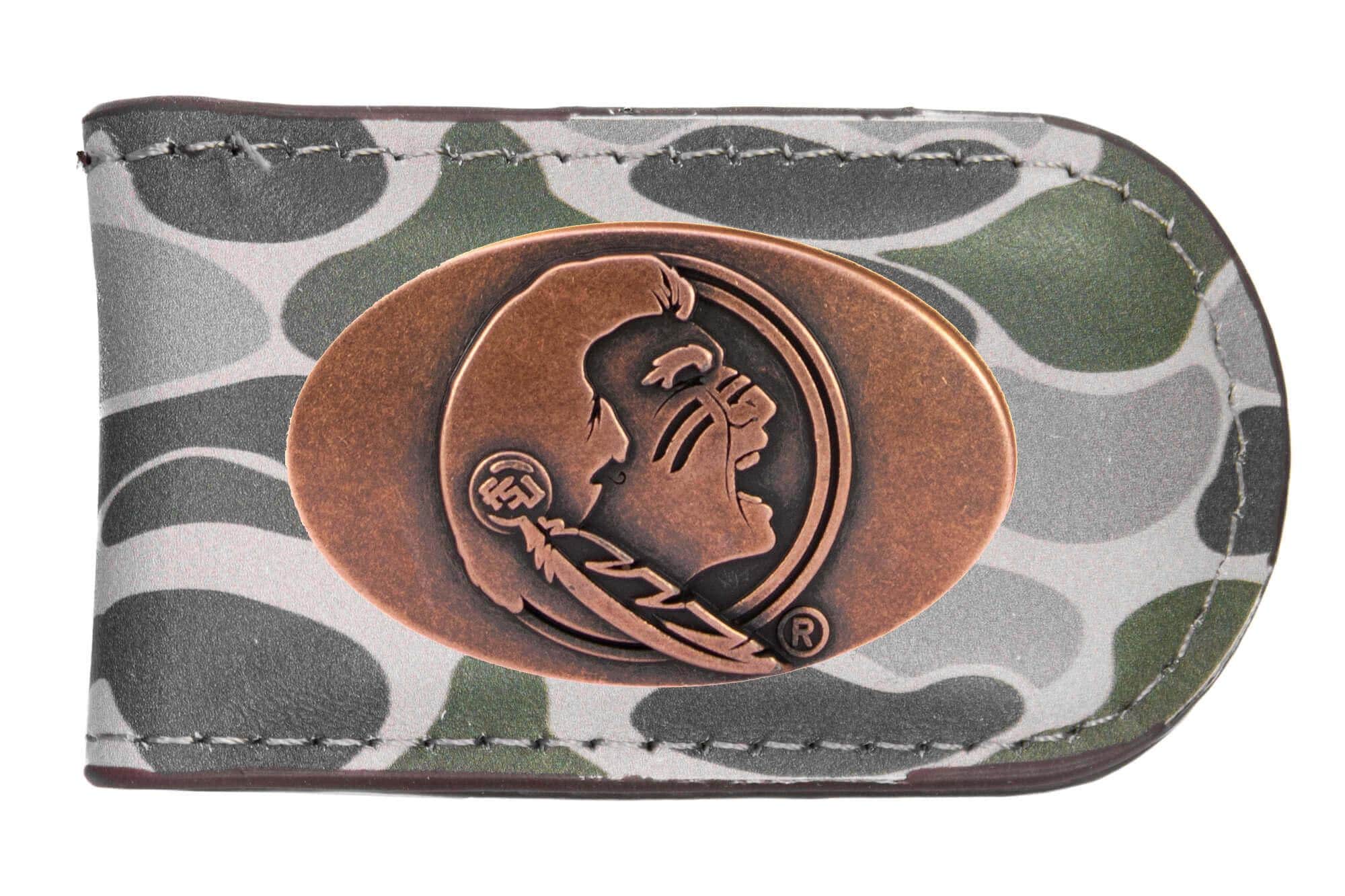 Florida State Seminoles Camo Leather Money Clip. Full Grain Leather With Antique Copper Logo. Old School Camo Print. Perfect Grad Gift.