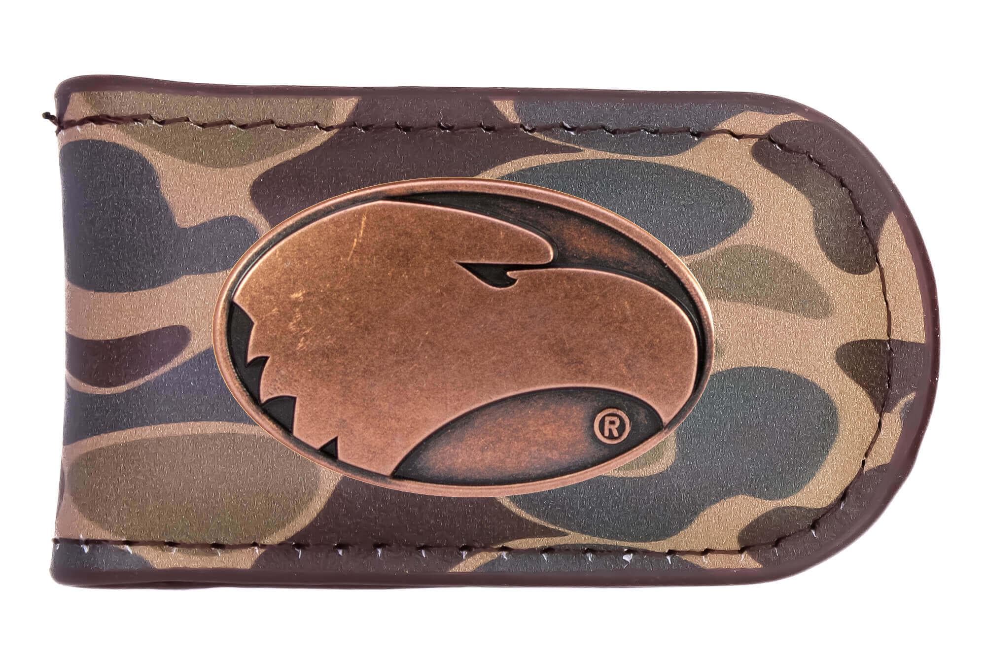 Georgia Southern Eagles Camo Leather Money Clip. Full Grain Leather With Antique Copper Logo. Old School Camo Print. Perfect Grad Gift.