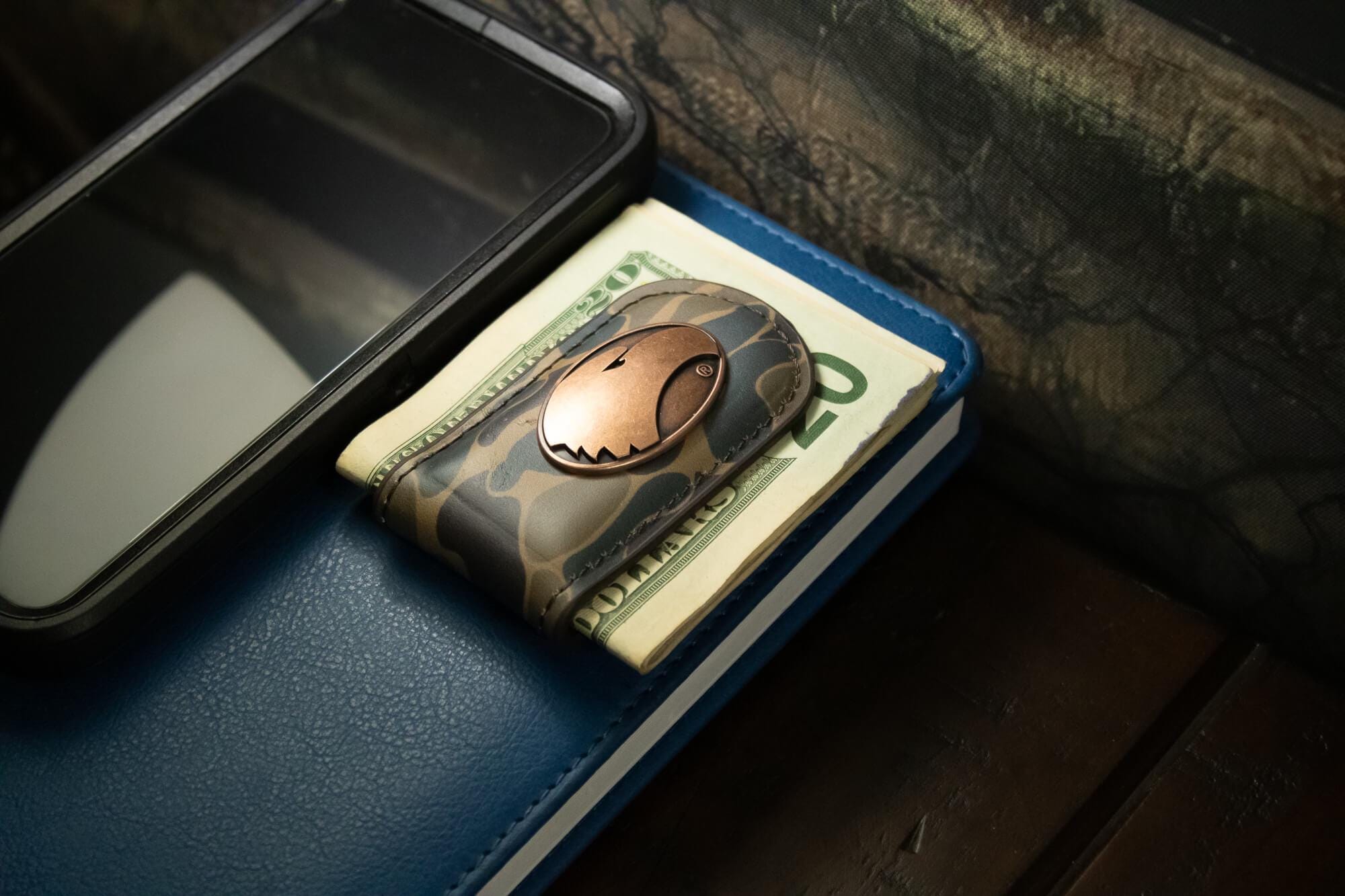 Georgia Southern Eagles Camo Leather Money Clip. Full Grain Leather With Antique Copper Logo. Old School Camo Print. Perfect Grad Gift.