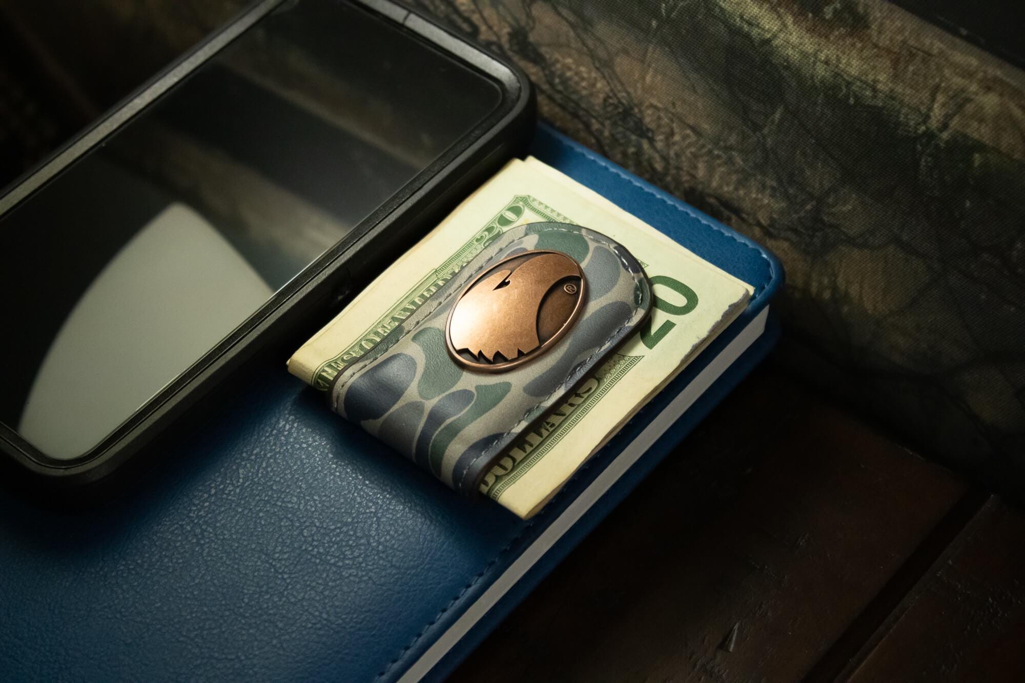 Georgia Southern Eagles Camo Leather Money Clip. Full Grain Leather With Antique Copper Logo. Old School Camo Print. Perfect Grad Gift.