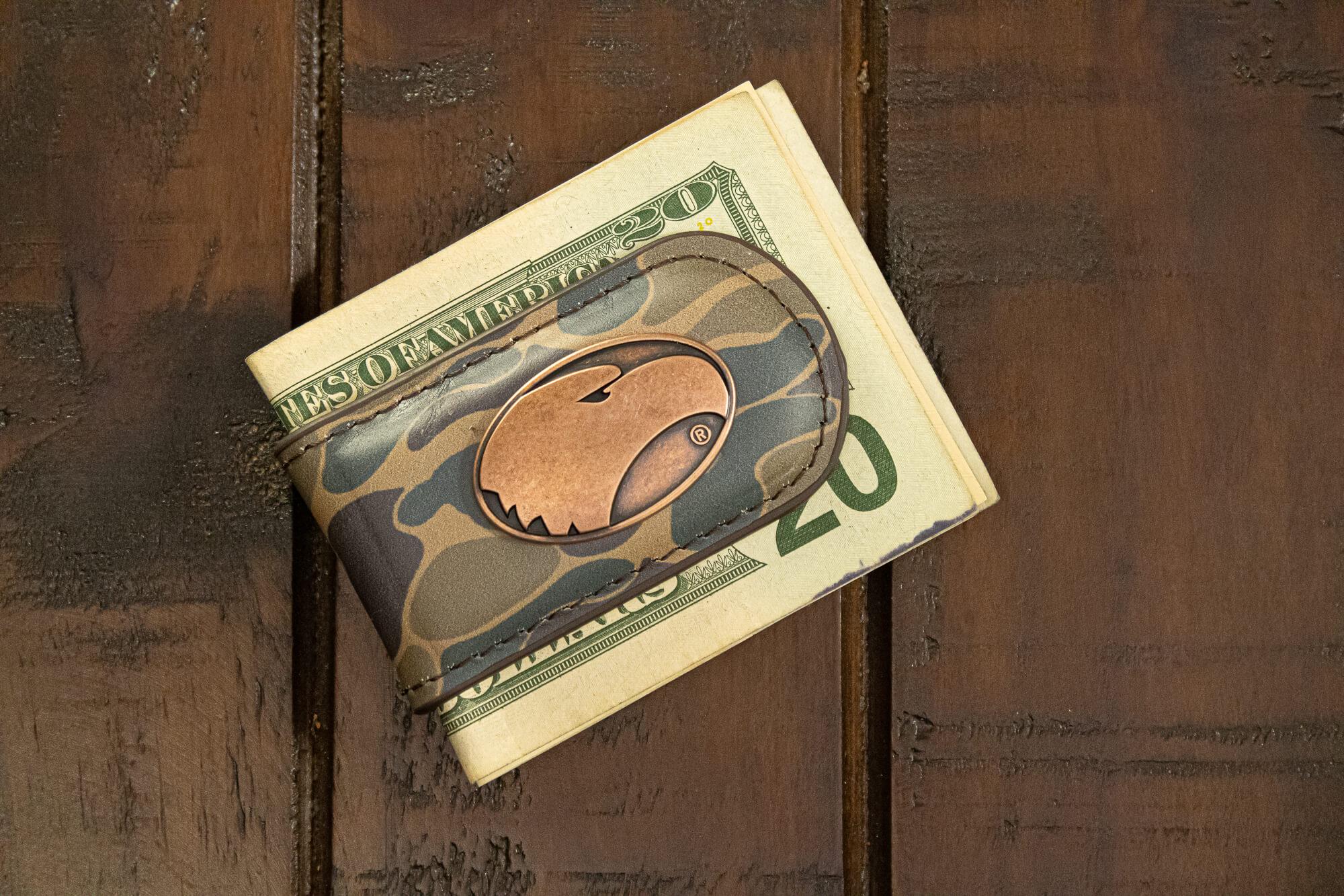 Georgia Southern Eagles Camo Leather Money Clip. Full Grain Leather With Antique Copper Logo. Old School Camo Print. Perfect Grad Gift.