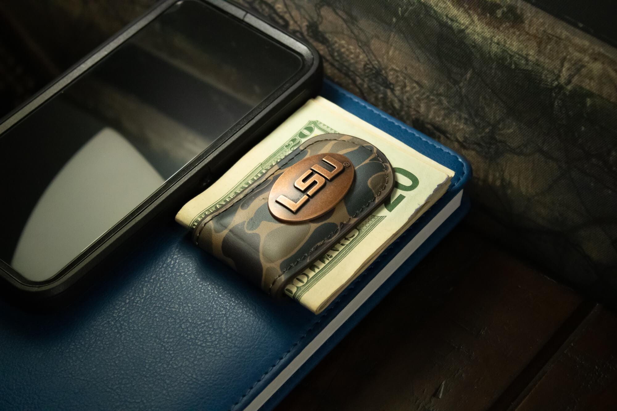 LSU Tigers Camo Leather Money Clip. Full Grain Leather With Antique Copper Logo. Old School Camo Print. Perfect Grad Gift.