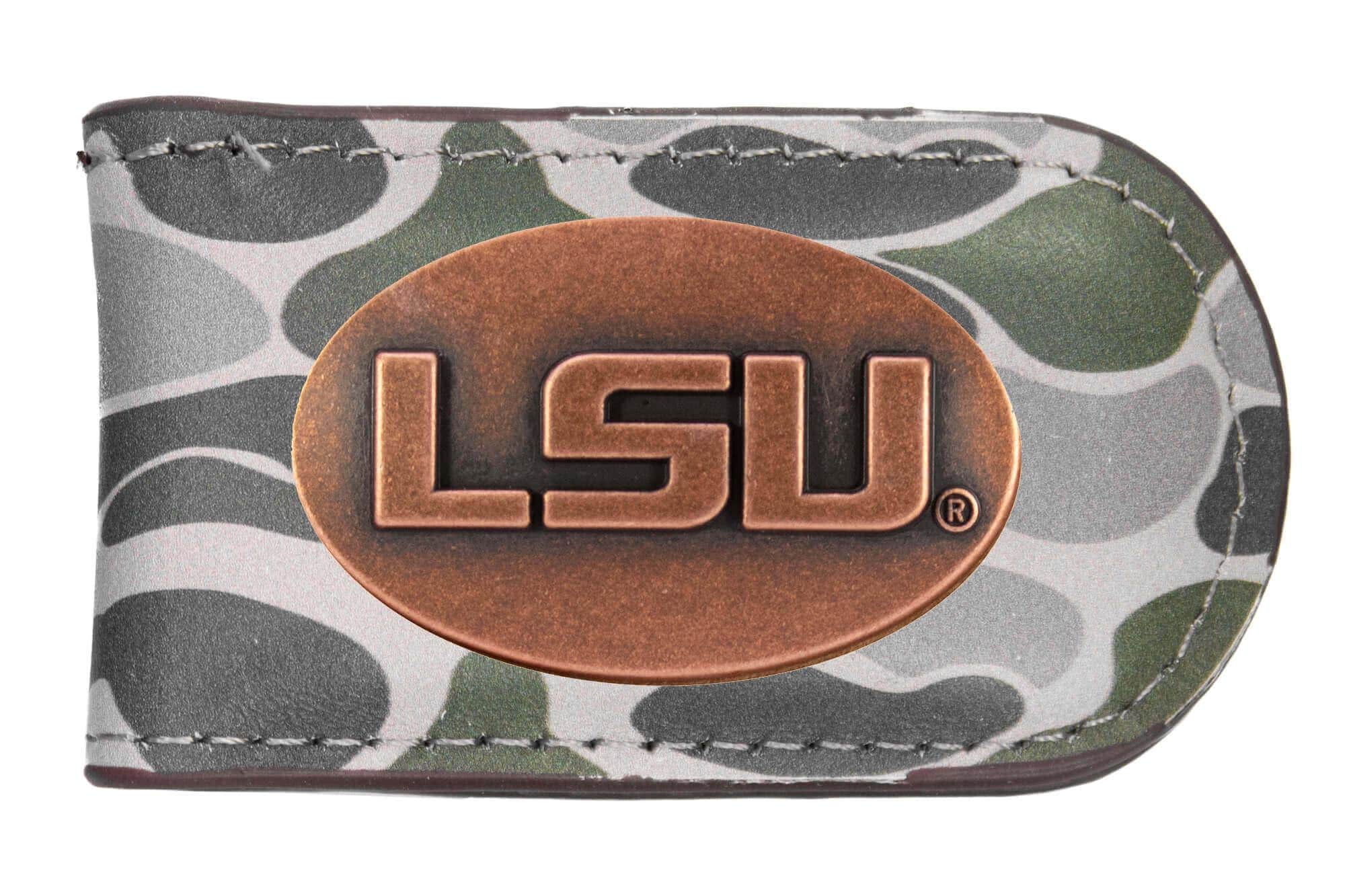 LSU Tigers Camo Leather Money Clip. Full Grain Leather With Antique Copper Logo. Old School Camo Print. Perfect Grad Gift.