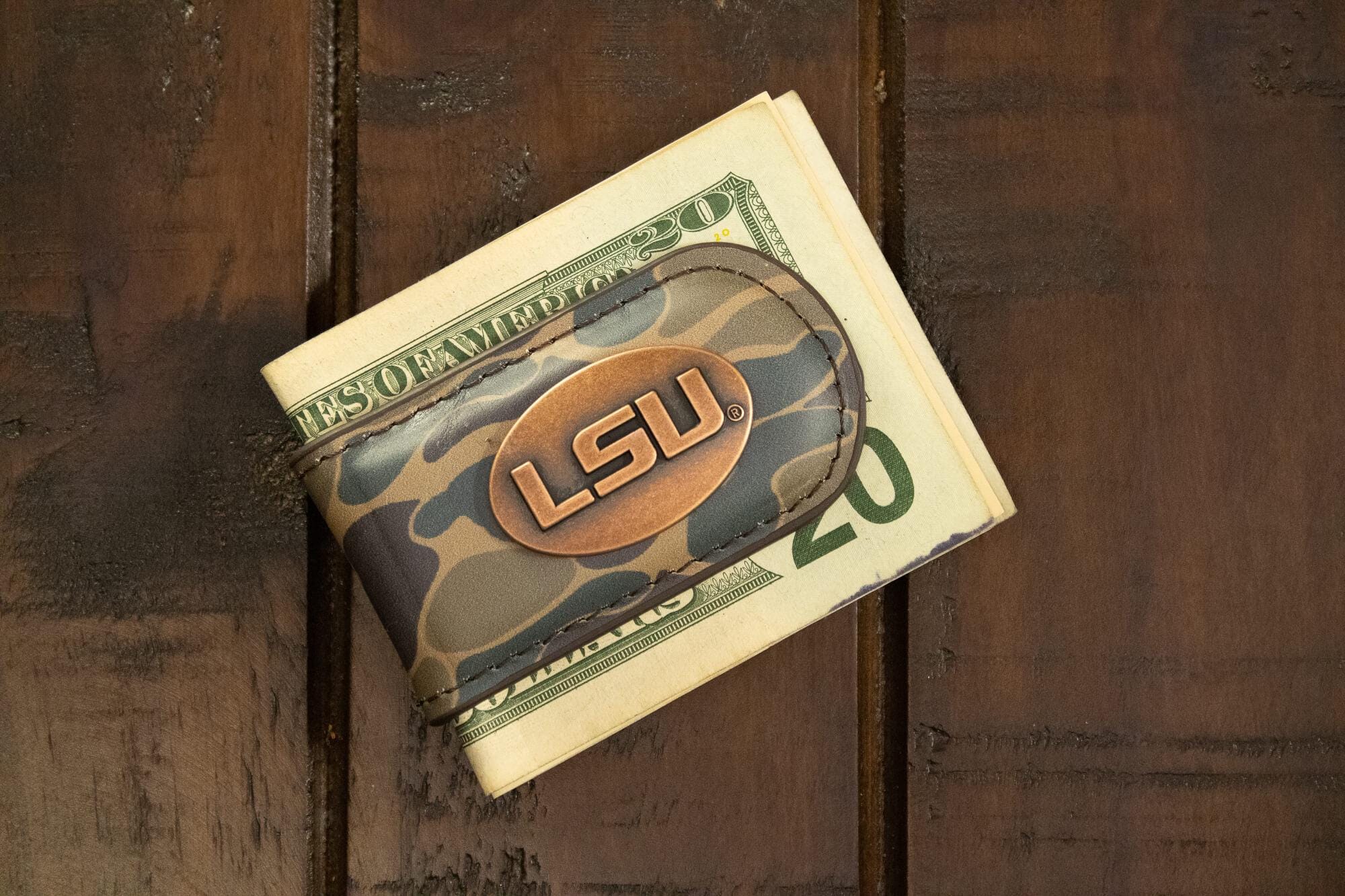 LSU Tigers Camo Leather Money Clip. Full Grain Leather With Antique Copper Logo. Old School Camo Print. Perfect Grad Gift.