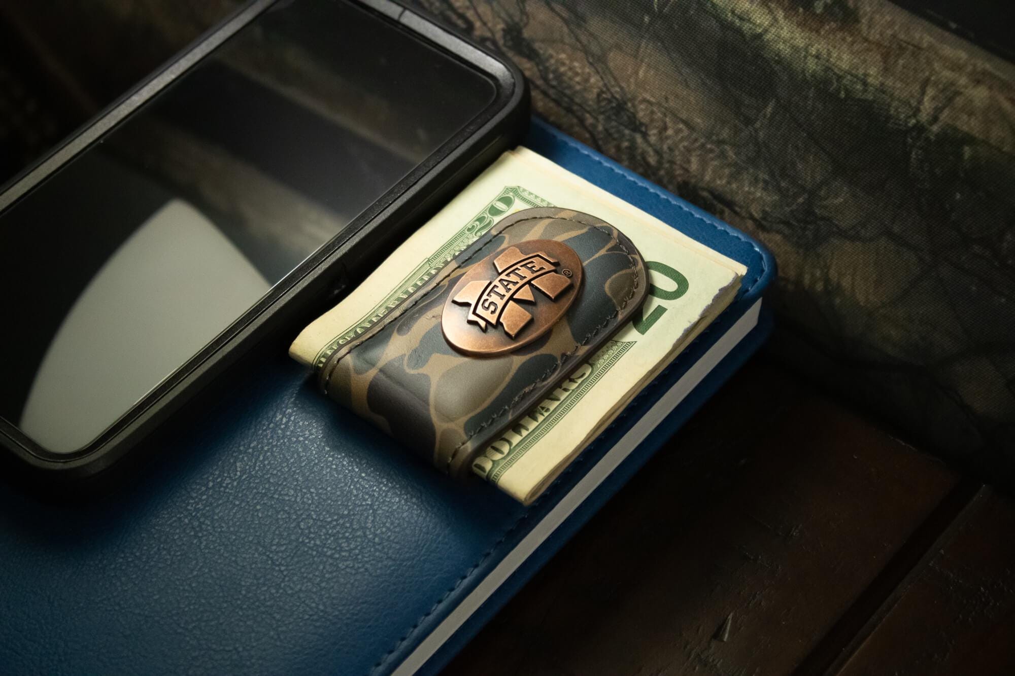 Mississippi State Bulldogs Camo Leather Money Clip. Full Grain Leather With Antique Copper Logo. Old School Camo Print. Perfect Grad Gift.