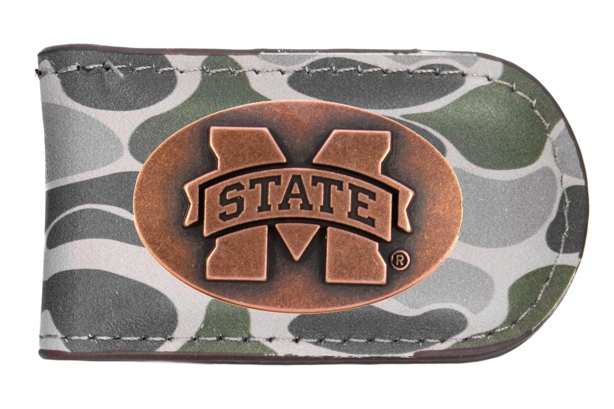 Mississippi State Bulldogs Camo Leather Money Clip. Full Grain Leather With Antique Copper Logo. Old School Camo Print. Perfect Grad Gift.
