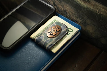 Mississippi State Bulldogs Camo Leather Money Clip. Full Grain Leather With Antique Copper Logo. Old School Camo Print. Perfect Grad Gift.