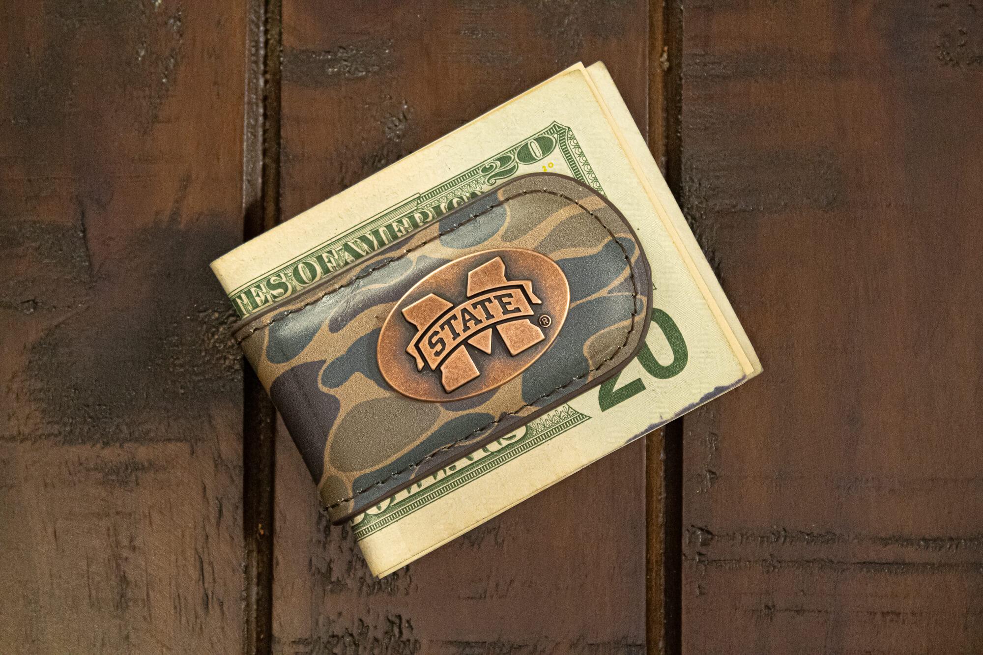 Mississippi State Bulldogs Camo Leather Money Clip. Full Grain Leather With Antique Copper Logo. Old School Camo Print. Perfect Grad Gift.