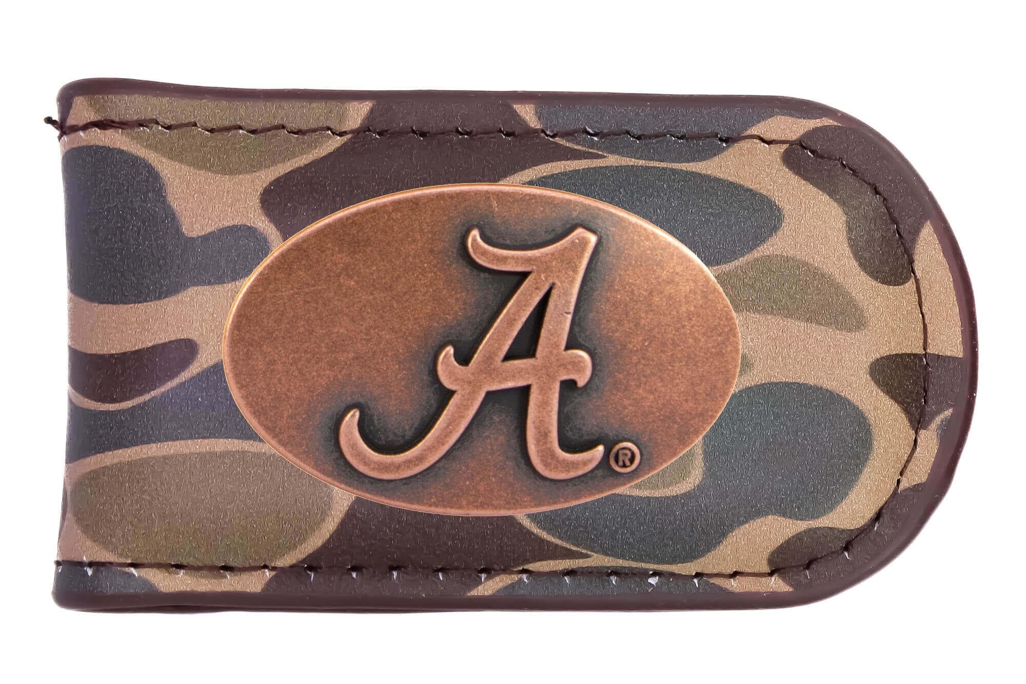 Alabama Crimson Tide Camo Leather Money Clip. Full Grain Leather With Antique Copper Logo. Old School Camo Print. Perfect Grad Gift.
