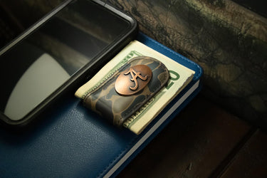 Alabama Crimson Tide Camo Leather Money Clip. Full Grain Leather With Antique Copper Logo. Old School Camo Print. Perfect Grad Gift.