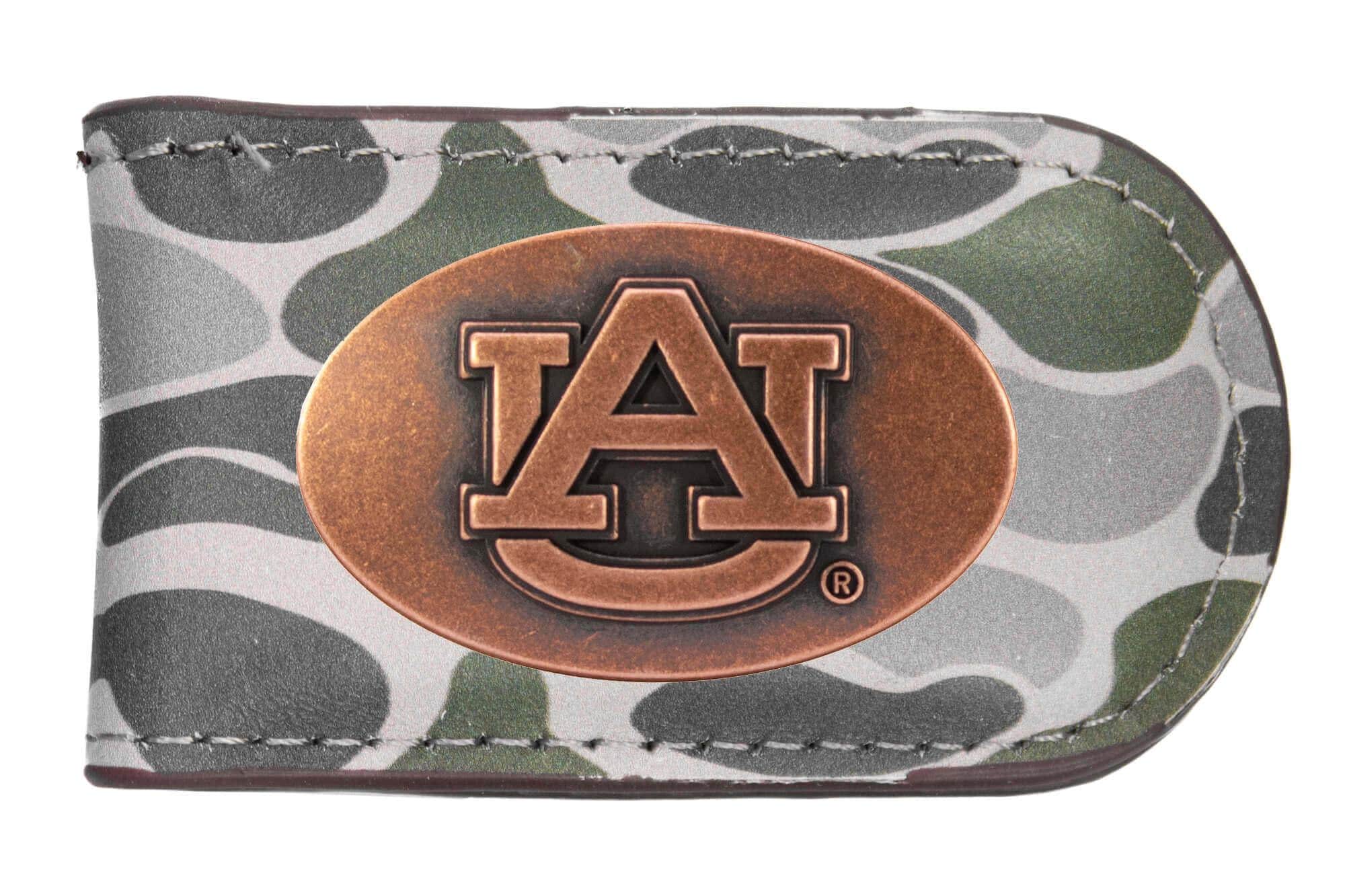 Auburn Tigers Camo Leather Money Clip. Full Grain Leather With Antique Copper Logo. Old School Camo Print. Perfect Grad Gift.