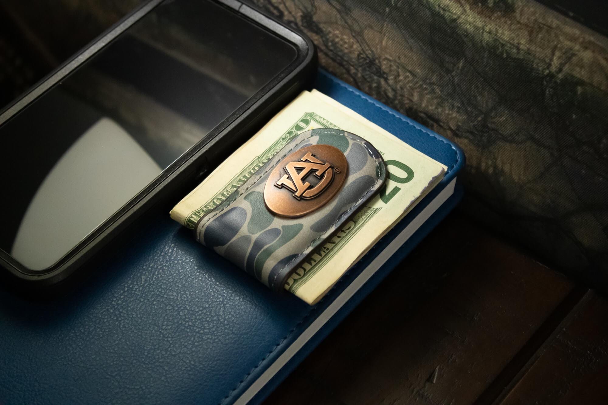 Auburn Tigers Camo Leather Money Clip. Full Grain Leather With Antique Copper Logo. Old School Camo Print. Perfect Grad Gift.