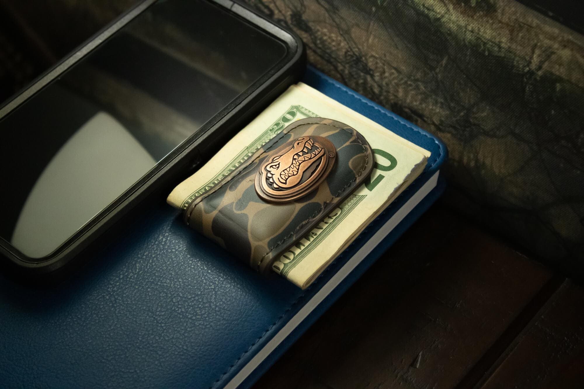 Florida Gators Camo Leather Money Clip. Full Grain Leather With Antique Copper Logo. Old School Camo Print. Perfect Grad Gift.