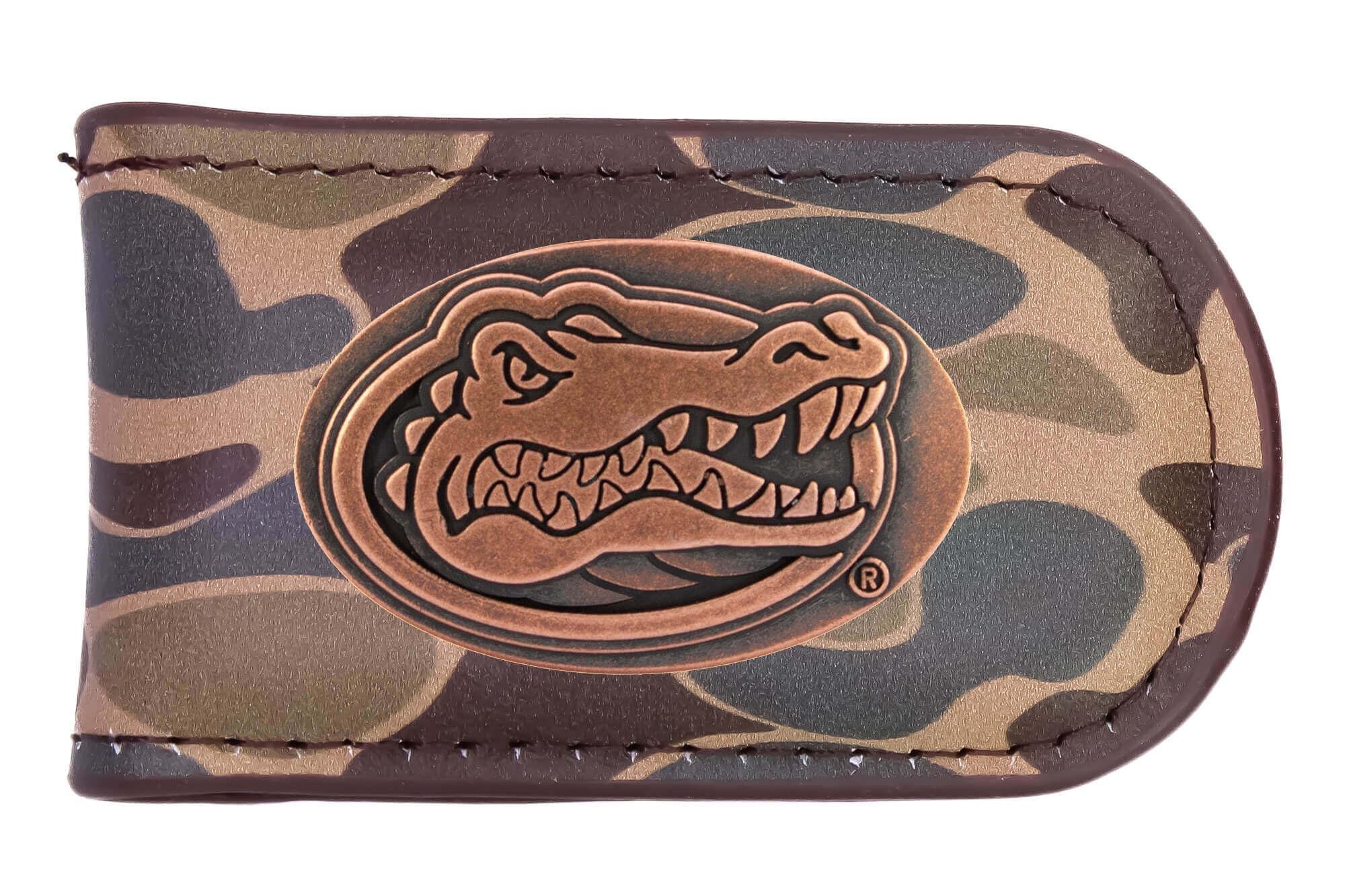 Florida Gators Camo Leather Money Clip. Full Grain Leather With Antique Copper Logo. Old School Camo Print. Perfect Grad Gift.