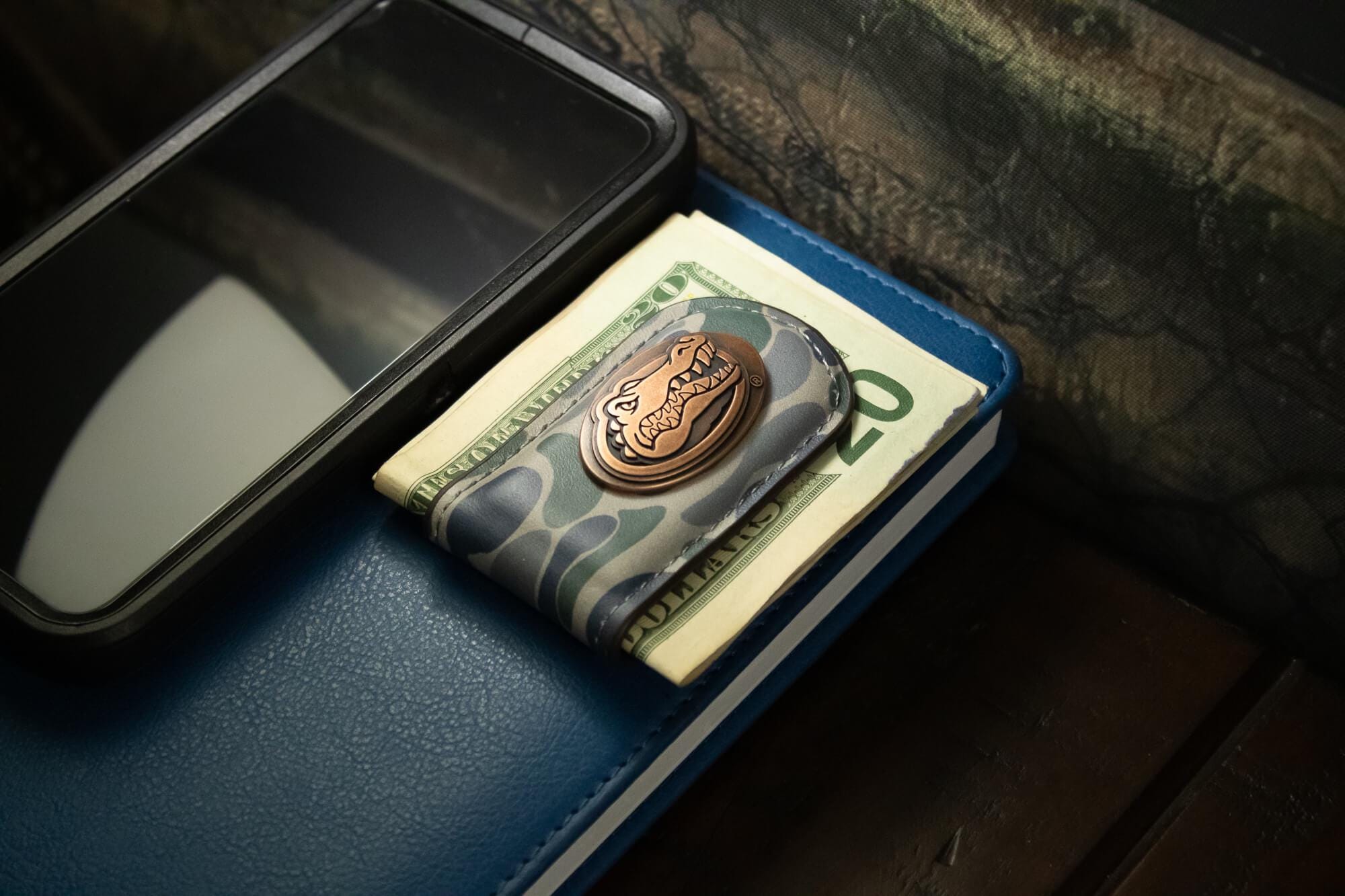 Florida Gators Camo Leather Money Clip. Full Grain Leather With Antique Copper Logo. Old School Camo Print. Perfect Grad Gift.