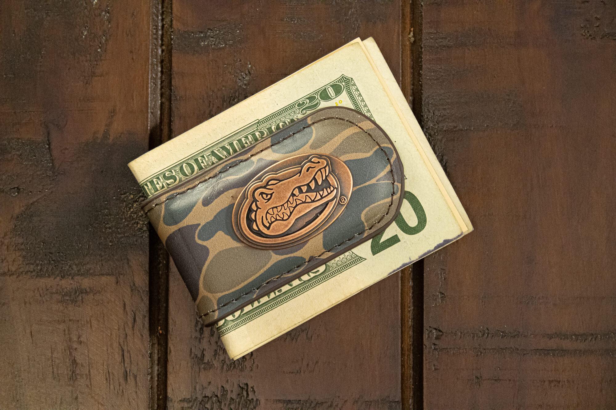 Florida Gators Camo Leather Money Clip. Full Grain Leather With Antique Copper Logo. Old School Camo Print. Perfect Grad Gift.