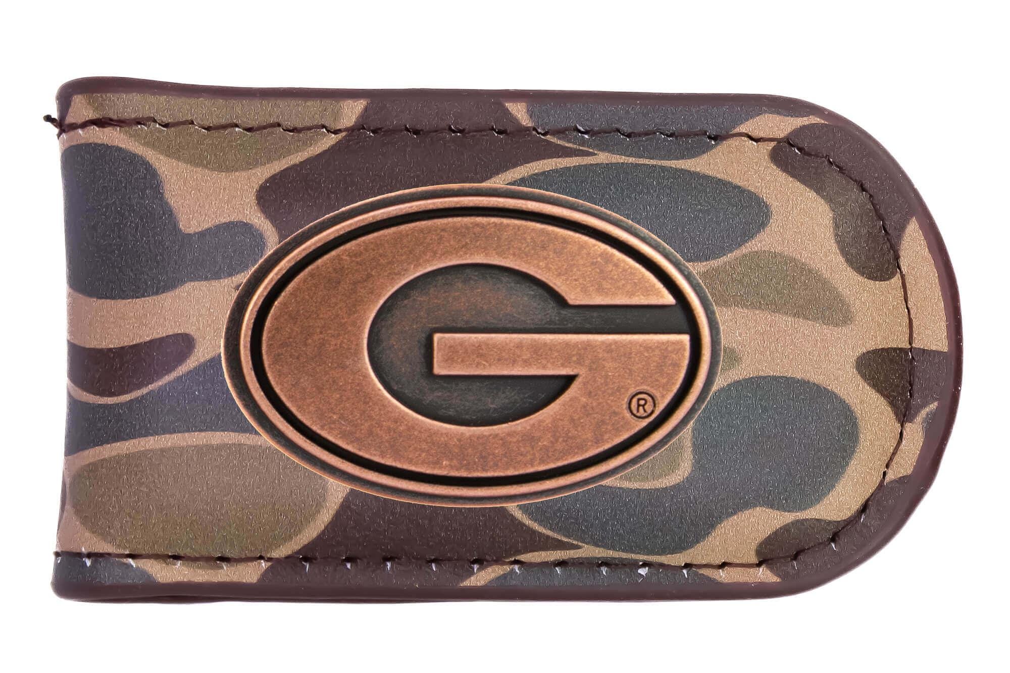 Georgia Bulldogs Camo Leather Money Clip. Full Grain Leather With Antique Copper Logo. Old School Camo Print. Perfect Grad Gift.