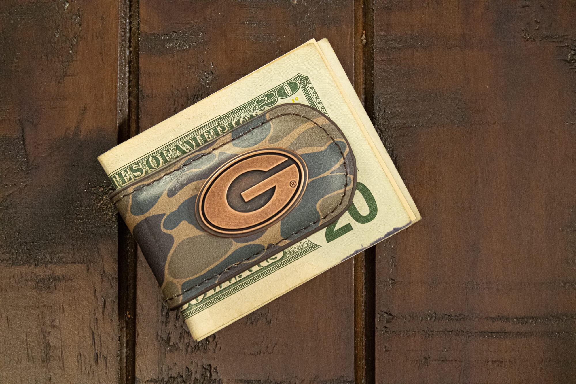 Georgia Bulldogs Camo Leather Money Clip. Full Grain Leather With Antique Copper Logo. Old School Camo Print. Perfect Grad Gift.