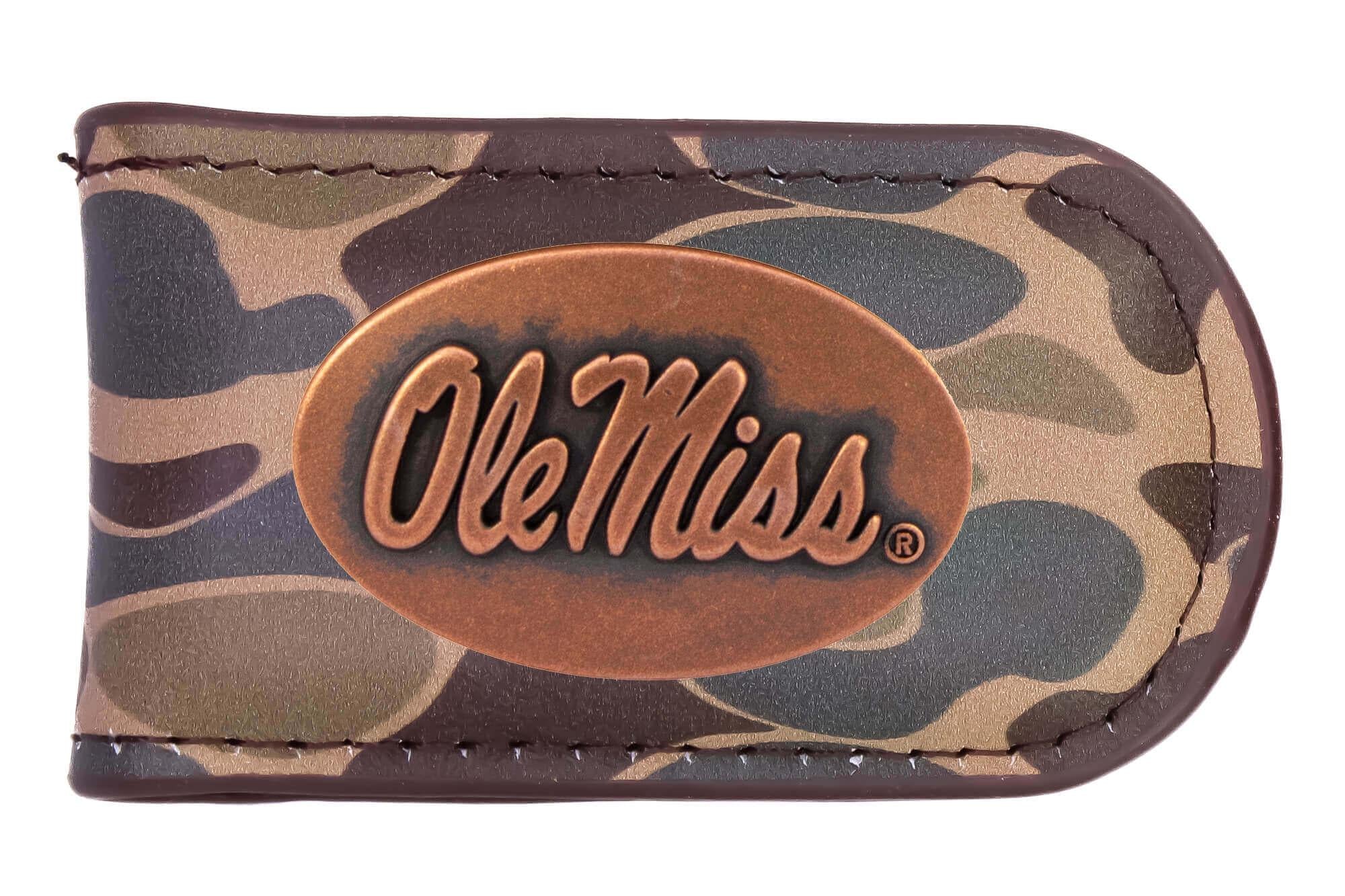 Ole Miss Rebels Camo Leather Money Clip. Full Grain Leather With Antique Copper Logo. Old School Camo Print. Perfect Grad Gift.