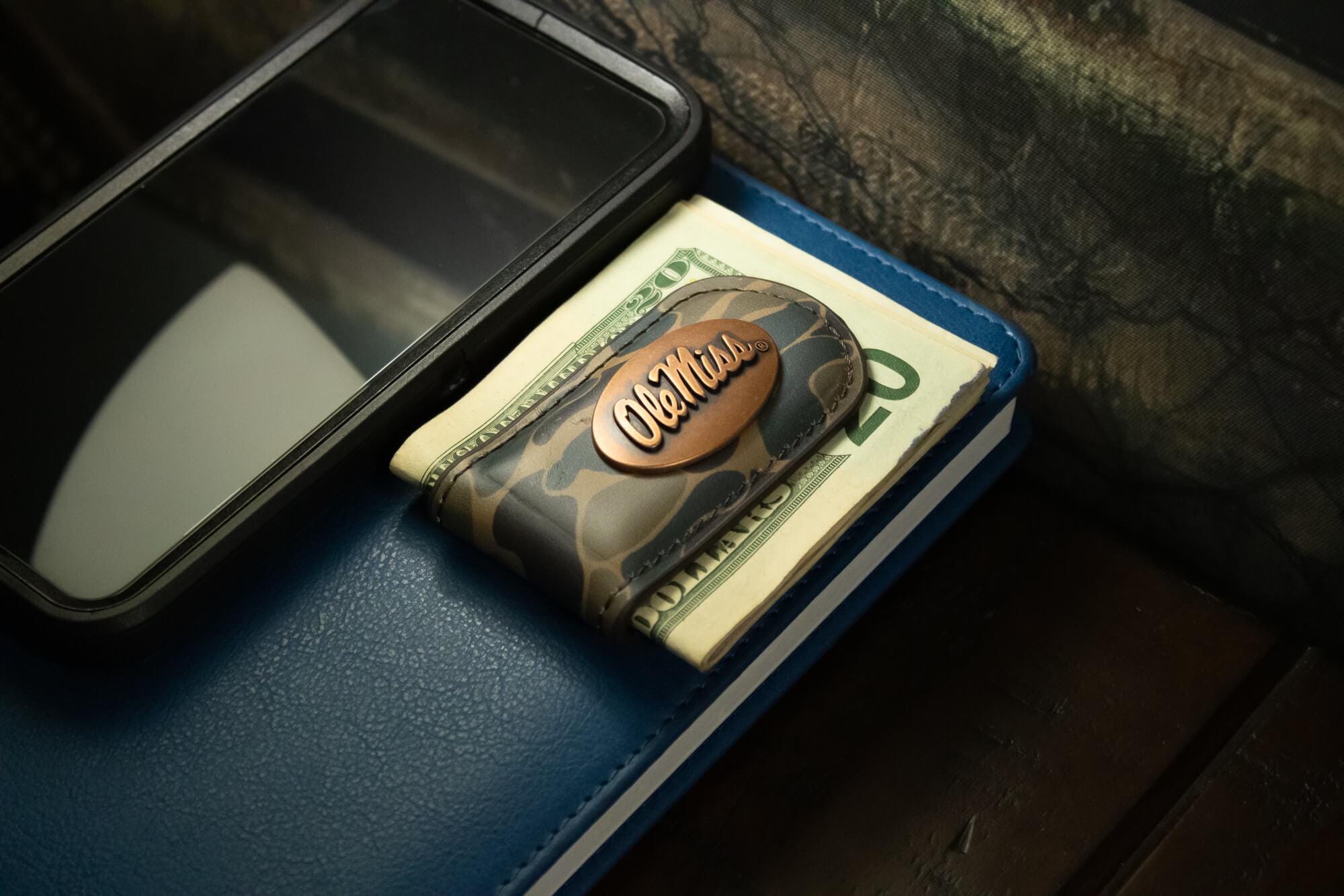 Ole Miss Rebels Camo Leather Money Clip. Full Grain Leather With Antique Copper Logo. Old School Camo Print. Perfect Grad Gift.