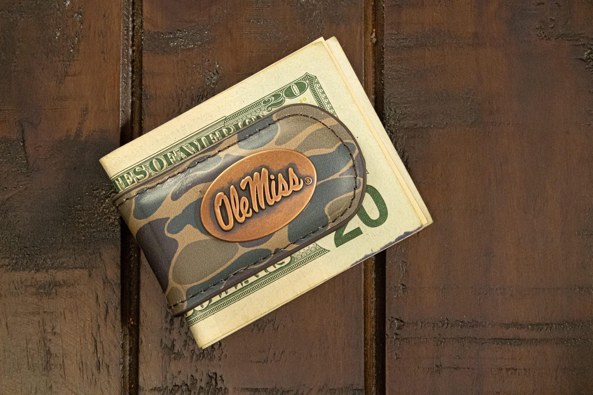 Ole Miss Rebels Camo Leather Money Clip. Full Grain Leather With Antique Copper Logo. Old School Camo Print. Perfect Grad Gift.