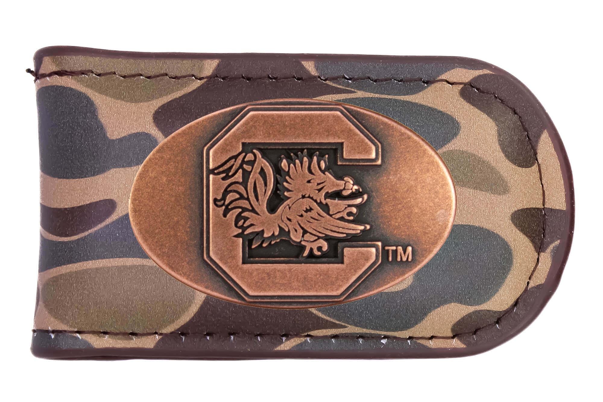 USC Gamecocks Camo Leather Money Clip. Full Grain Leather With Antique Copper Logo. Old School Camo Print. Perfect Grad Gift.