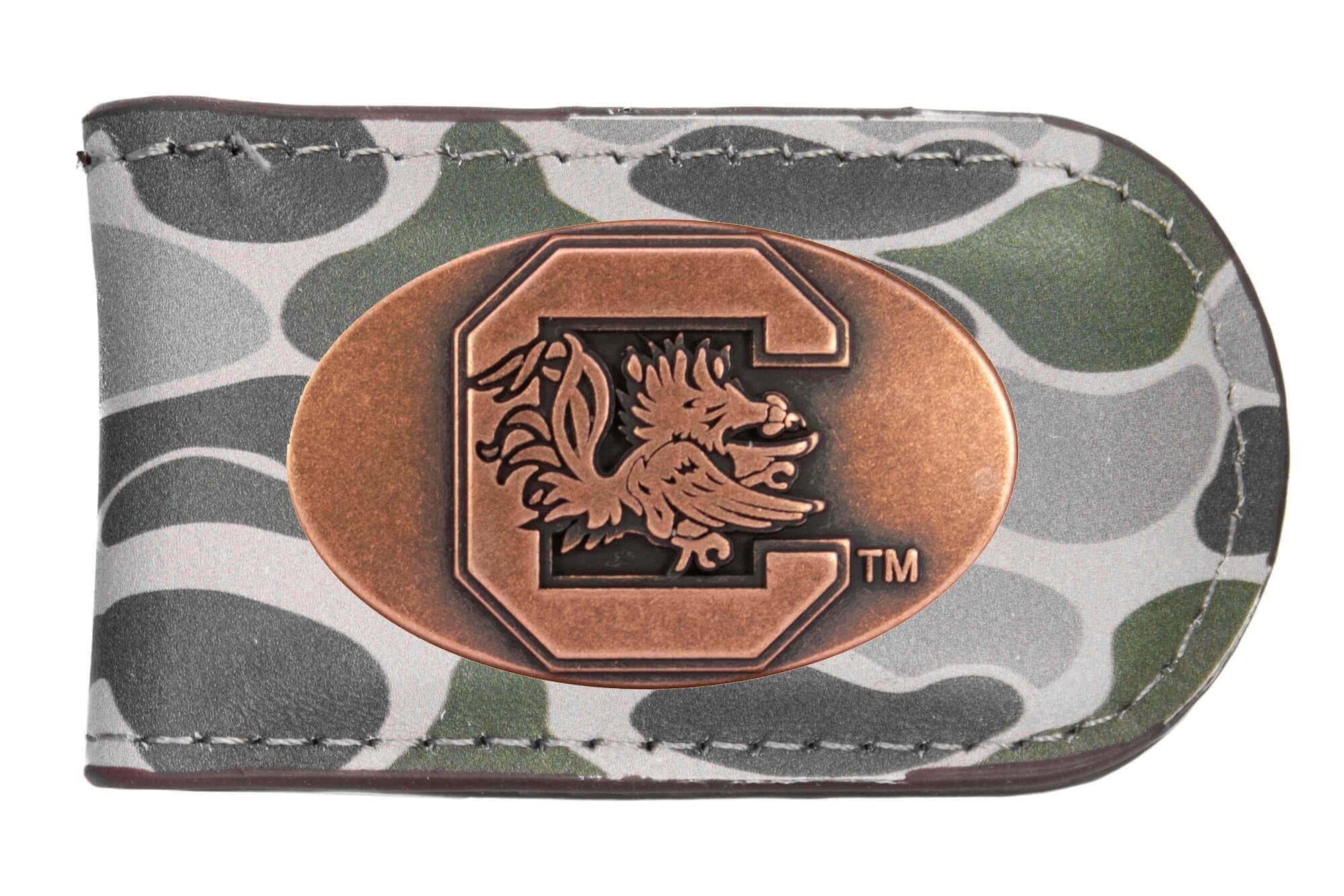 USC Gamecocks Camo Leather Money Clip. Full Grain Leather With Antique Copper Logo. Old School Camo Print. Perfect Grad Gift.