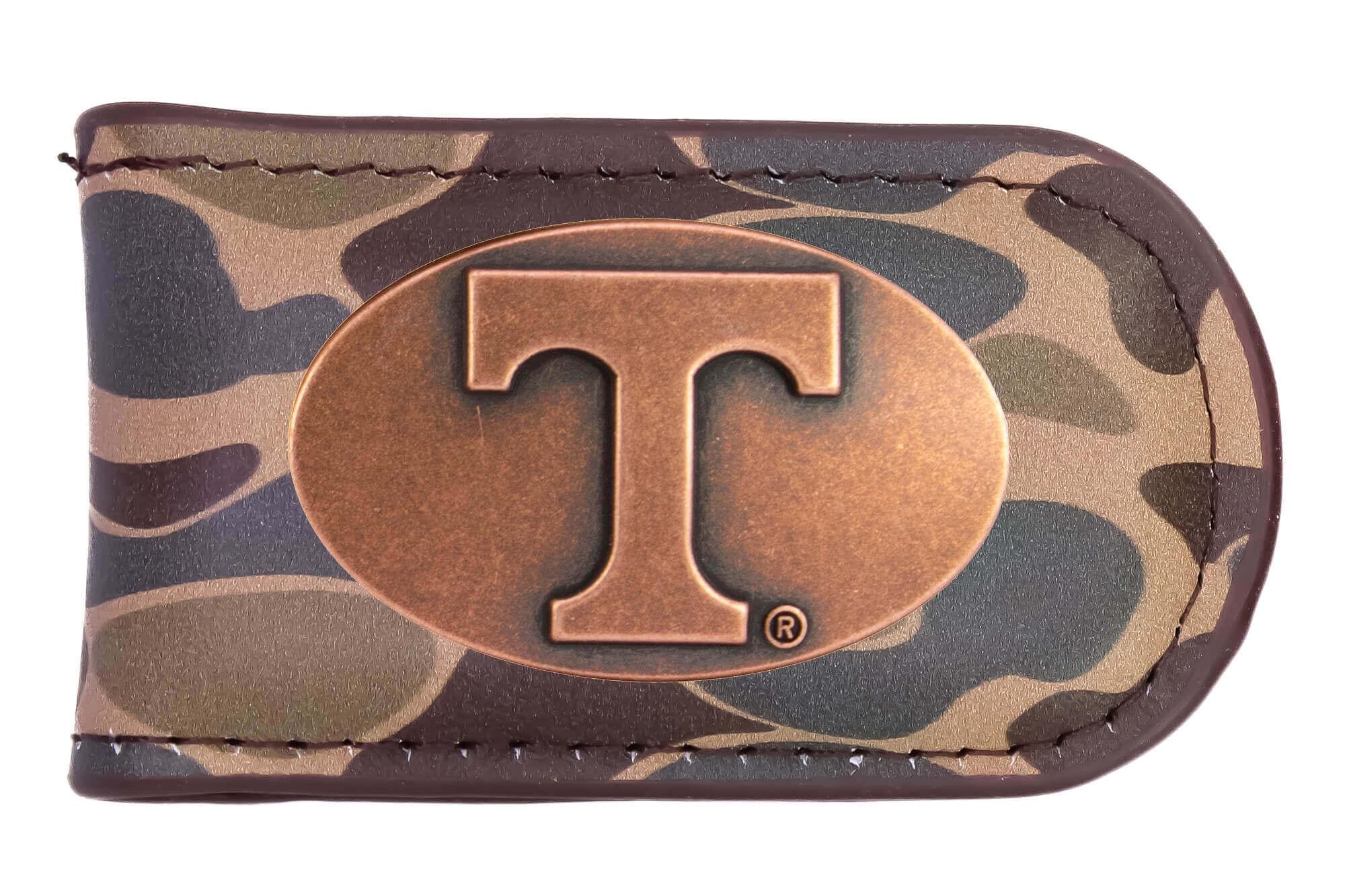 Tennessee Vols Camo Leather Money Clip. Full Grain Leather With Antique Copper Logo. Old School Camo Print. Perfect Grad Gift.
