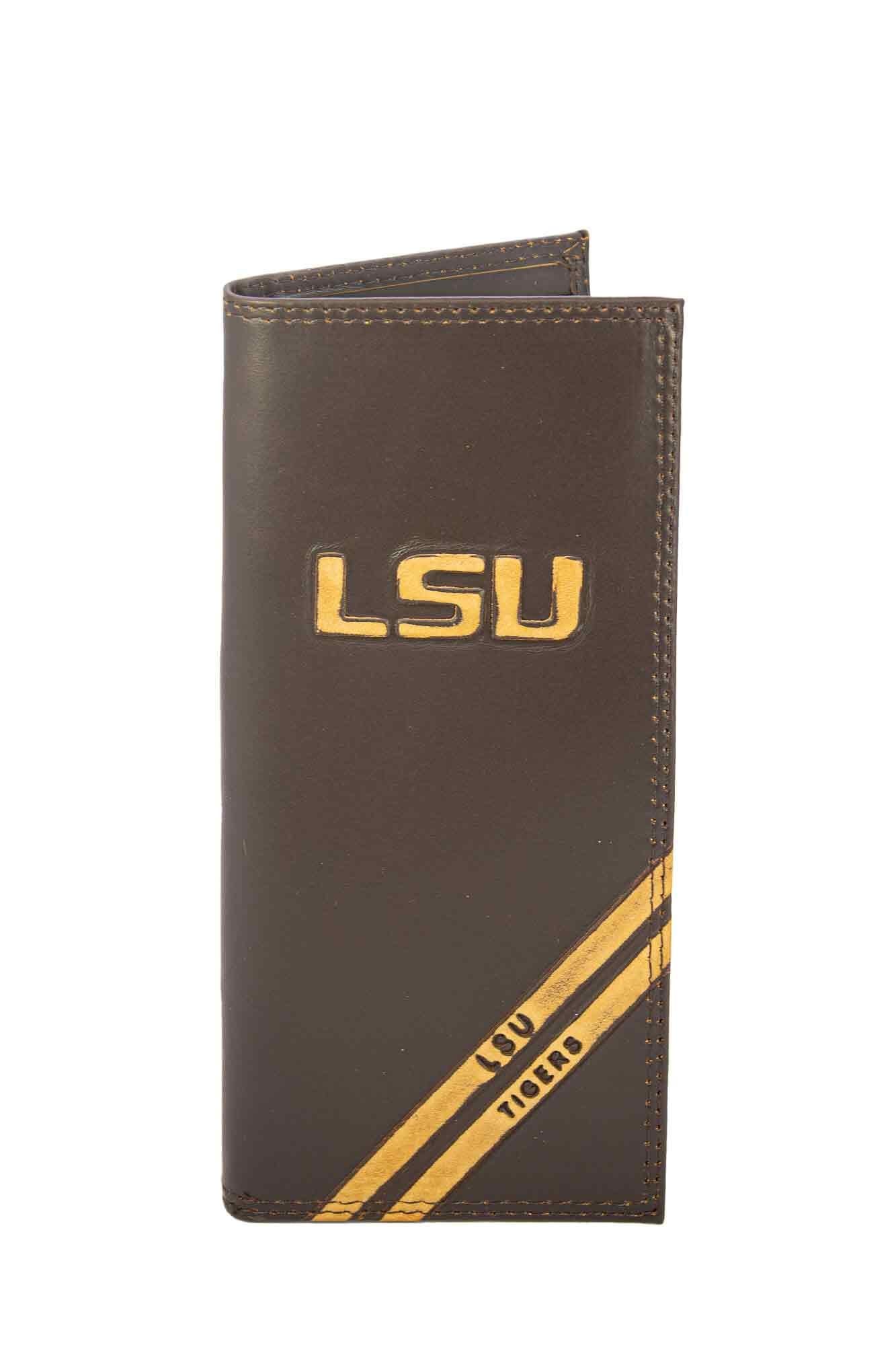 LSU Tigers Men's Embossed Leather Wallet. LSU Trifold. LSU Secretary. Brown Collegiate Wallet. Tigers Athletic Print.