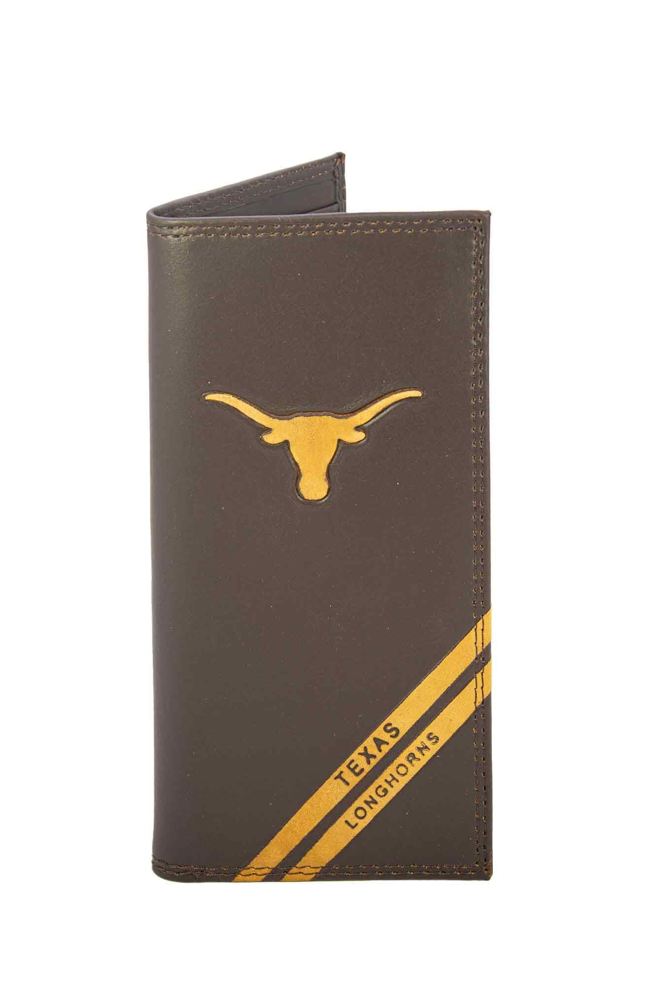 Texas Longhorns Men's Embossed Leather Wallet. Texas Trifold. Longhorns Secretary. Brown Collegiate Wallet. Longhorns Athletic Print.
